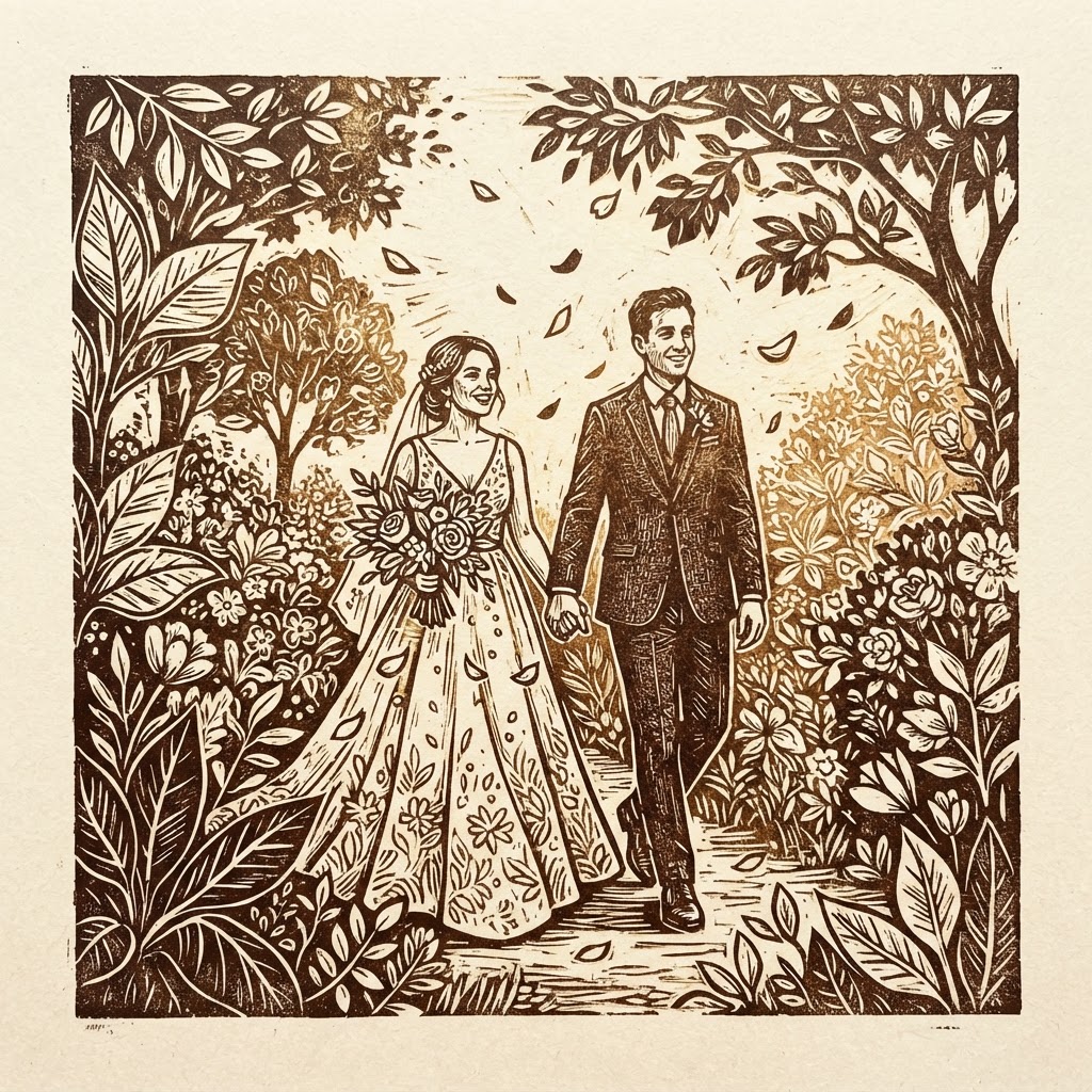 Linocut relief print of a bride and groom walking hand in hand along a garden path.
