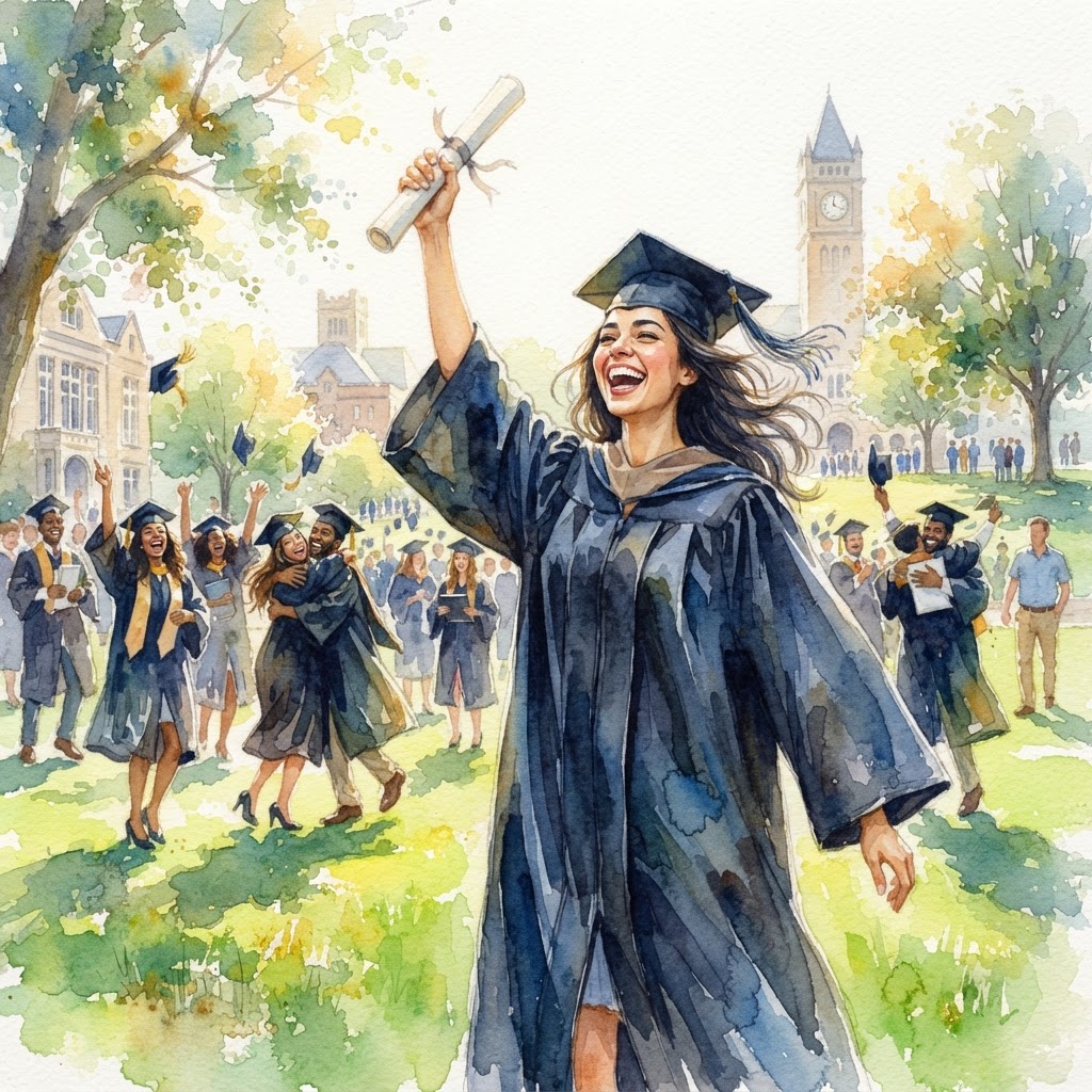 Watercolor painting of a graduate in a cap and gown holding up a diploma with other graduates celebrating behind them.