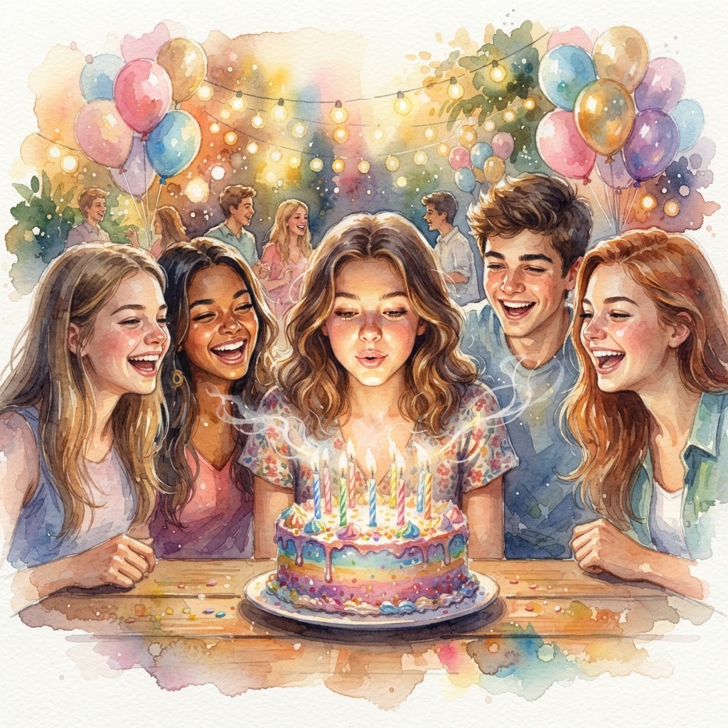 Watercolor painting of a young person blowing out candles on a cake surrounded by friends clapping.
