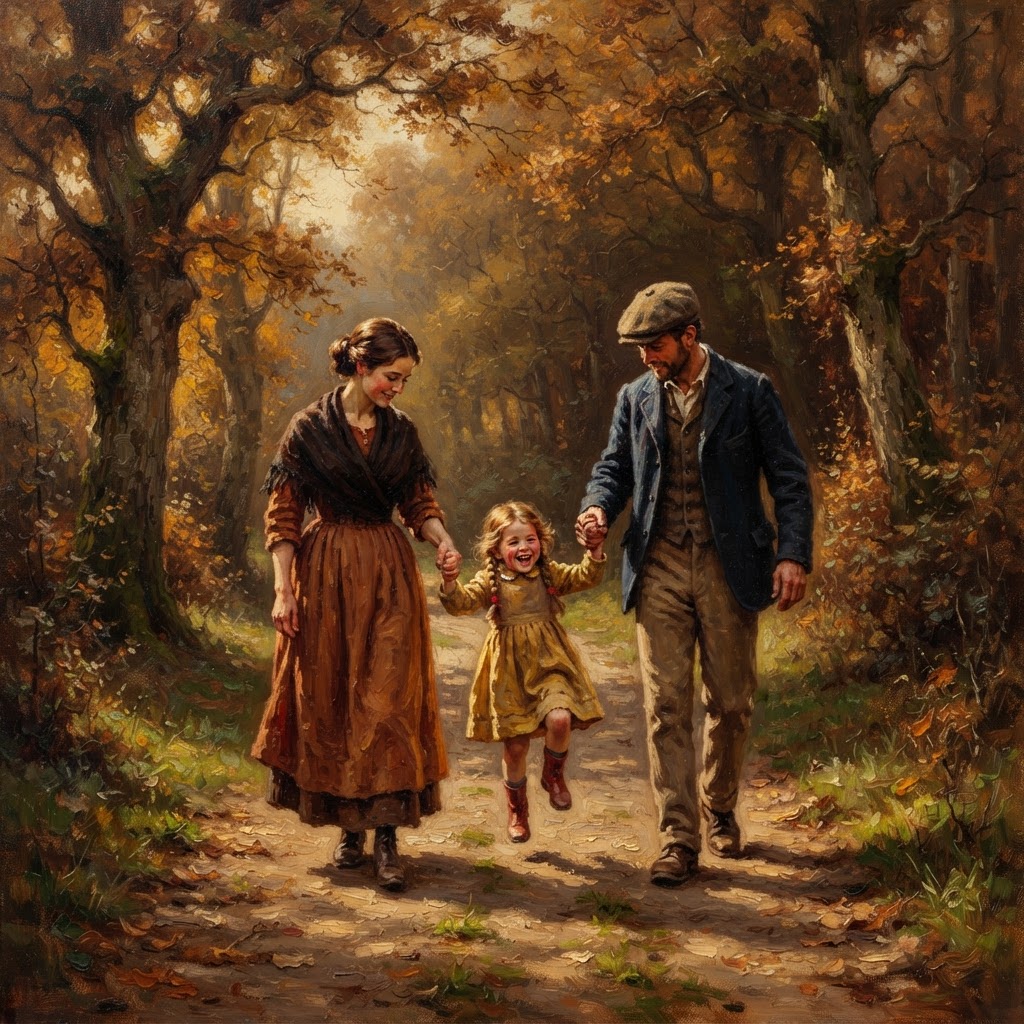 Oil painting of two adults walking along a wooded path while holding hands with a small child.
