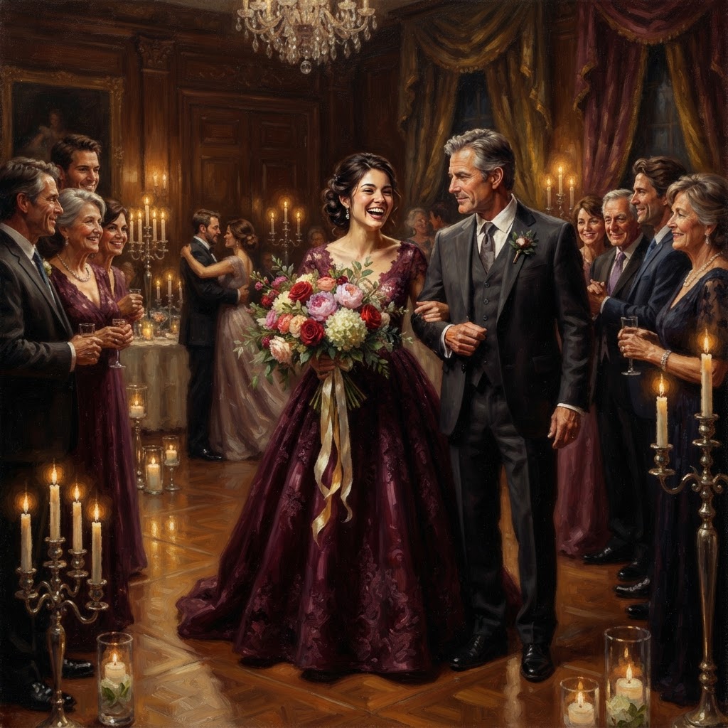 Oil painting of a person in a gown dancing with a partner in a room with guests and lit candles.