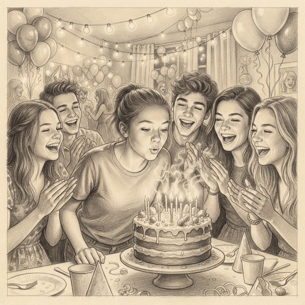 Graphite pencil drawing of a young person blowing out candles on a cake surrounded by friends clapping.