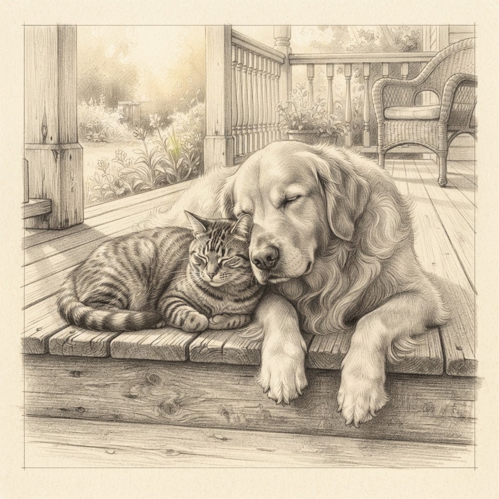 Graphite pencil drawing of a golden retriever and a tabby cat sleeping together on a wooden porch.