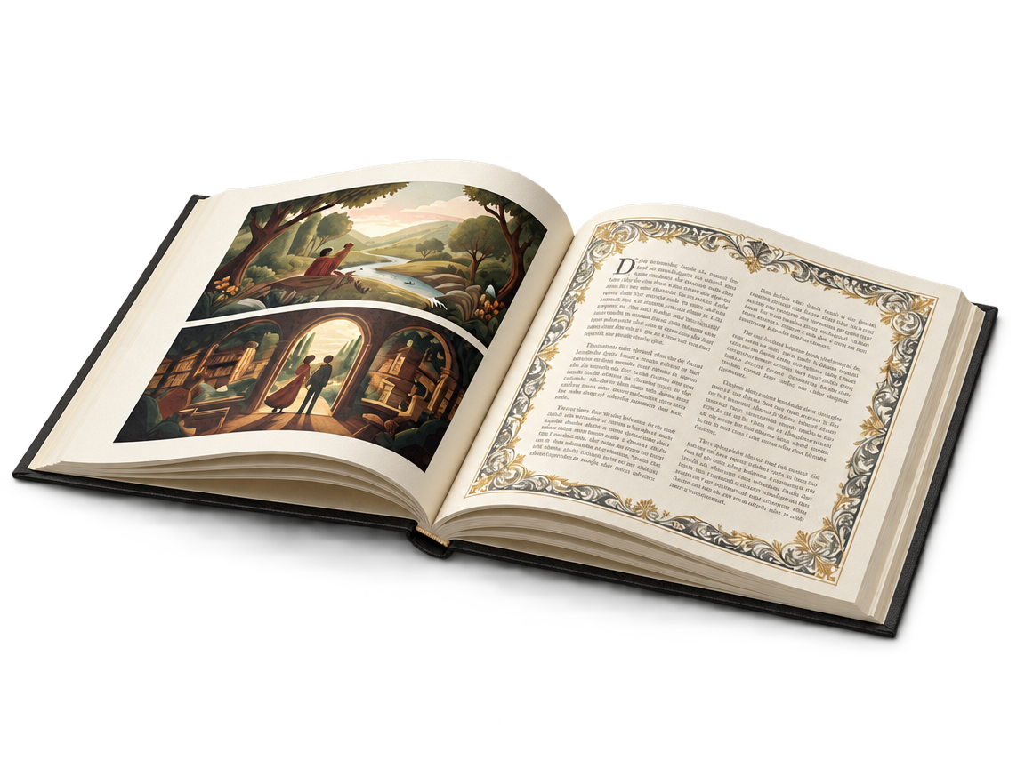 Open Orvelle hardcover showing original illustrated story pages