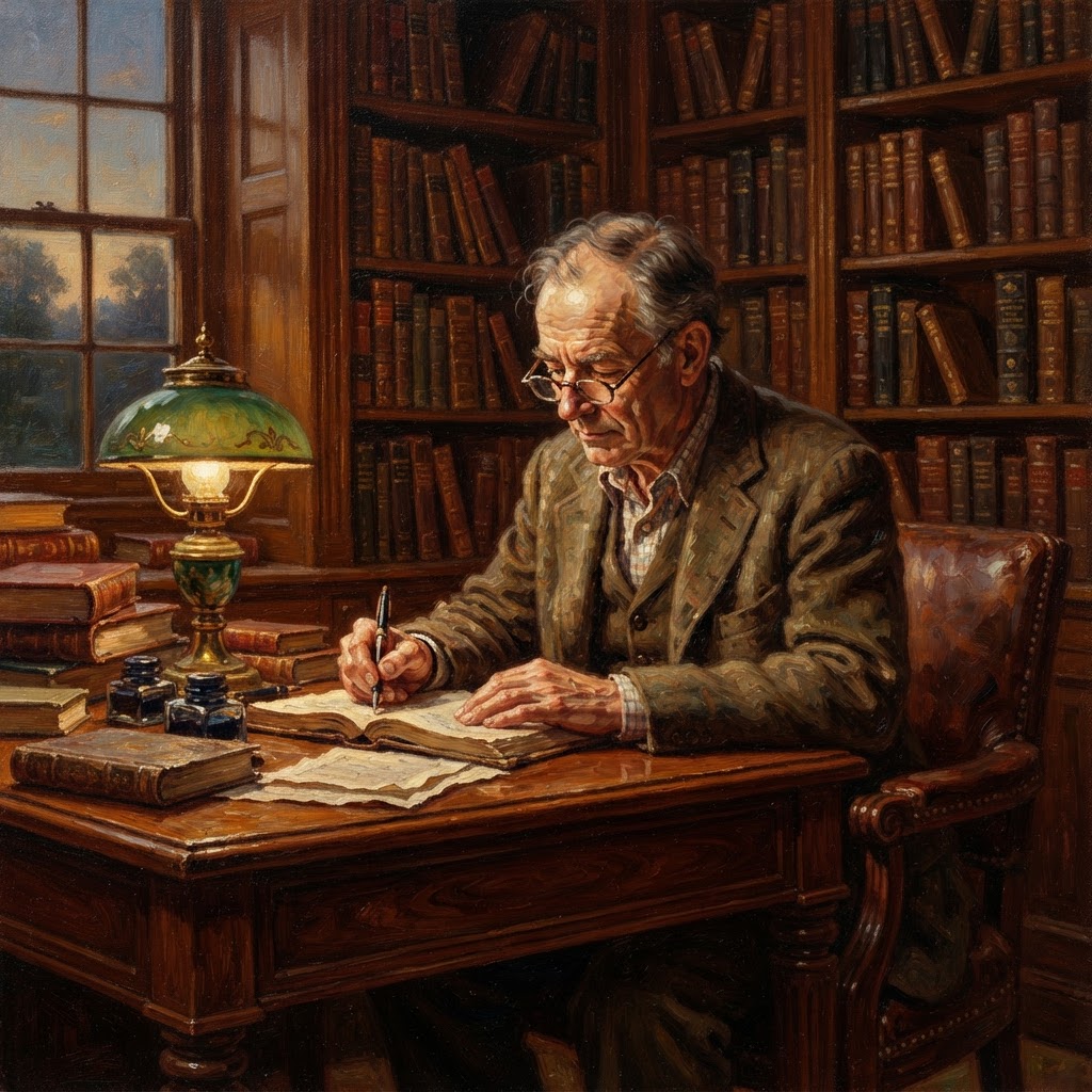 Oil painting of an elderly person sitting at a desk in a library writing in a book.