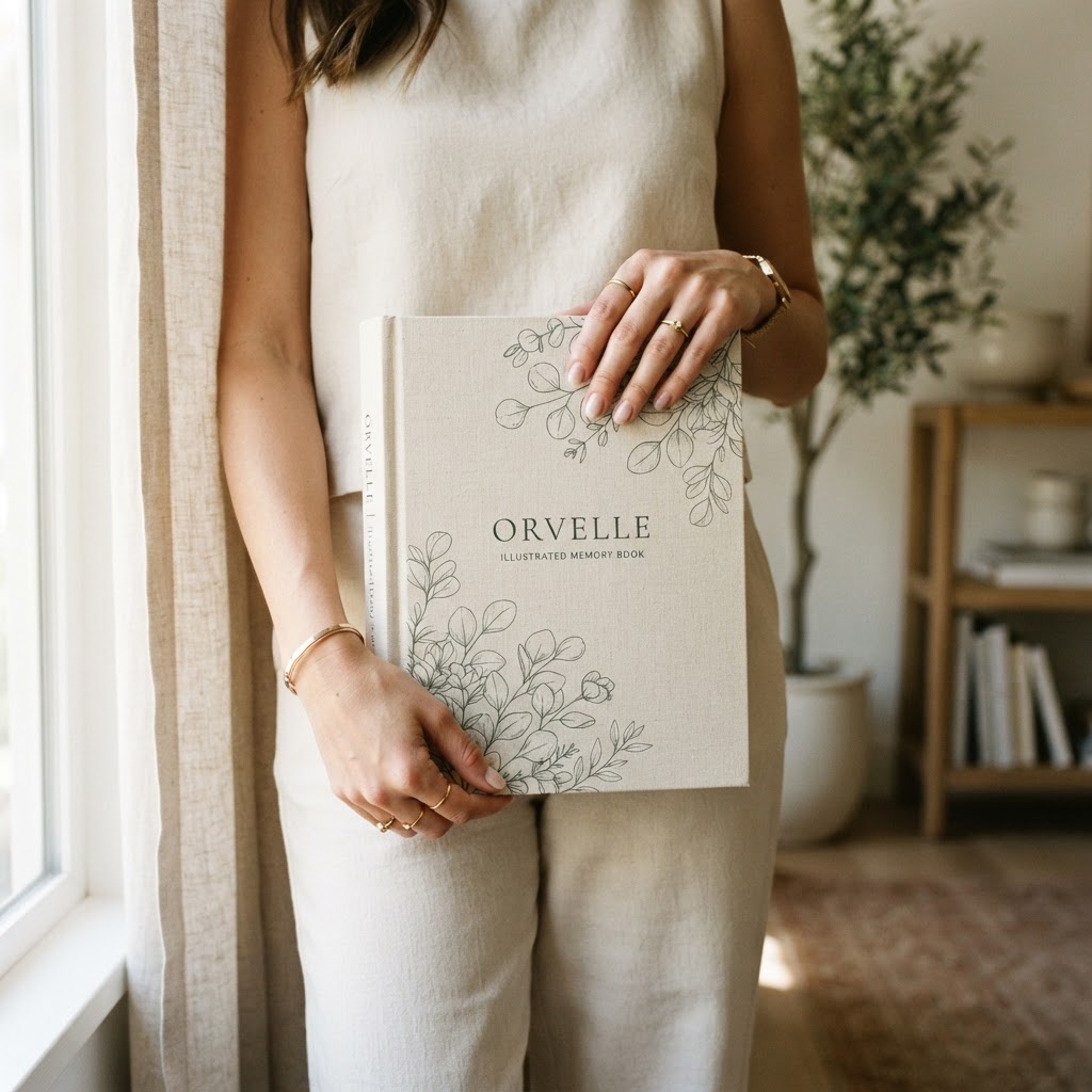 Woman holding an ivory botanical Orvelle illustrated hardcover book