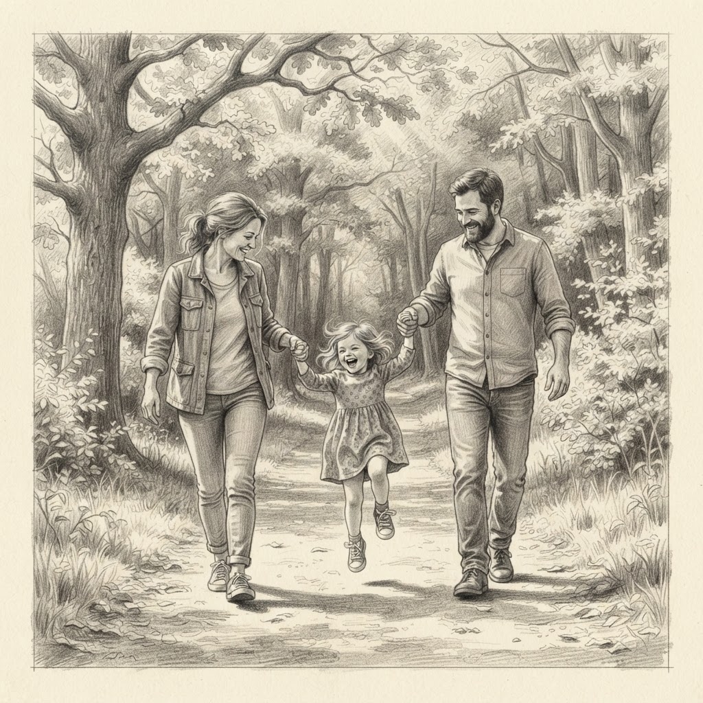 Graphite pencil drawing of two adults walking along a wooded path while holding hands with a small child.