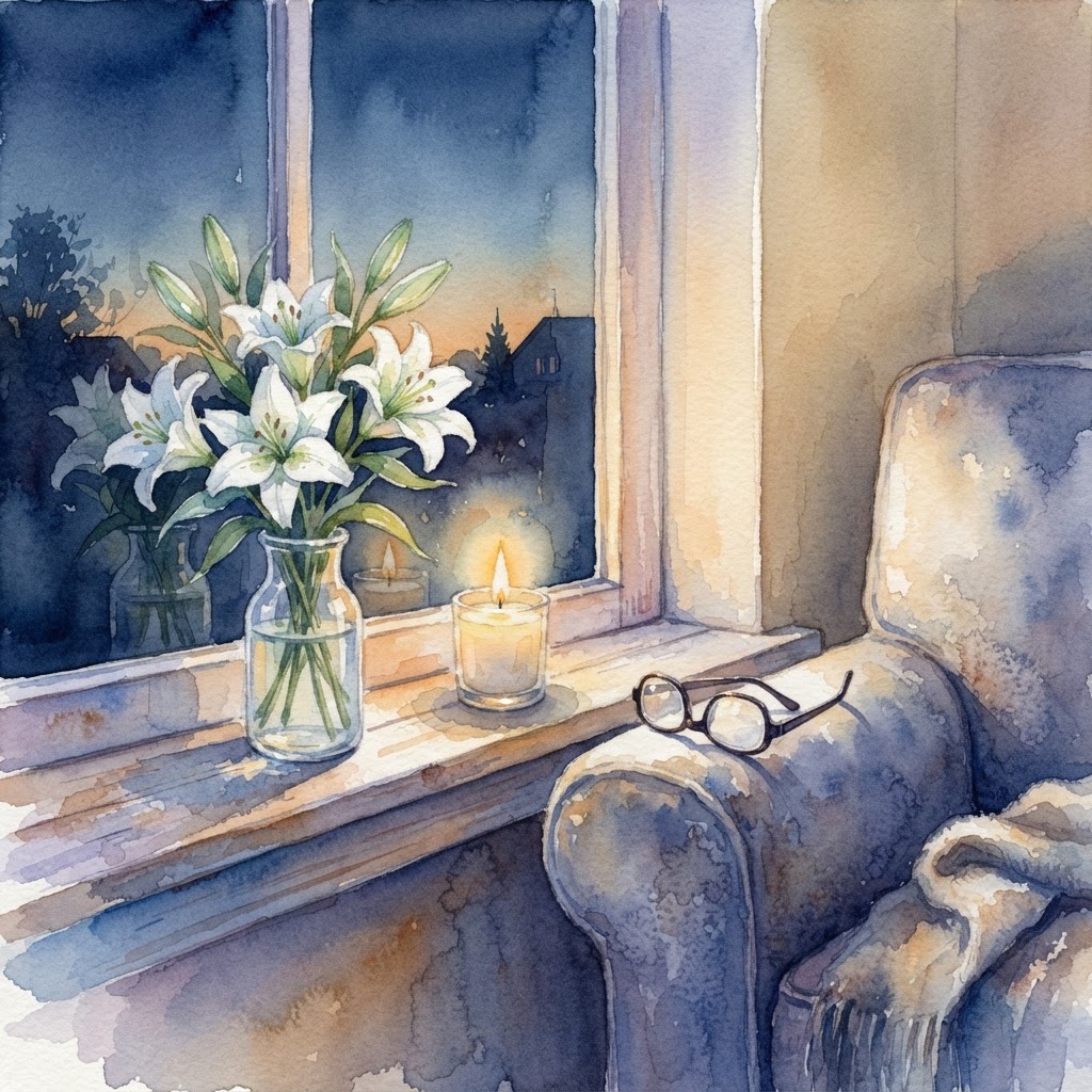 Watercolor painting of a vase of white lilies and a lit candle on a windowsill.