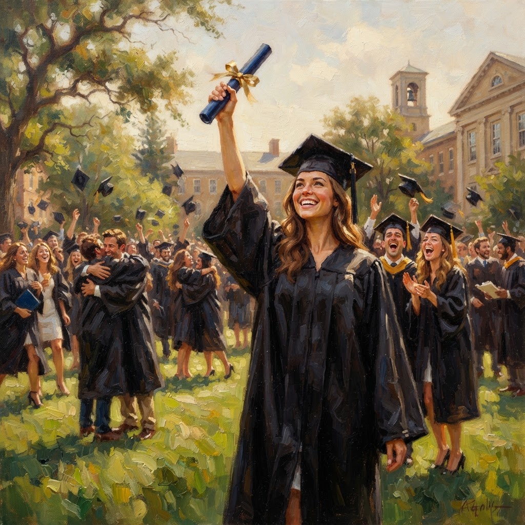 Oil painting of a graduate in a cap and gown holding up a diploma with other graduates celebrating behind them.