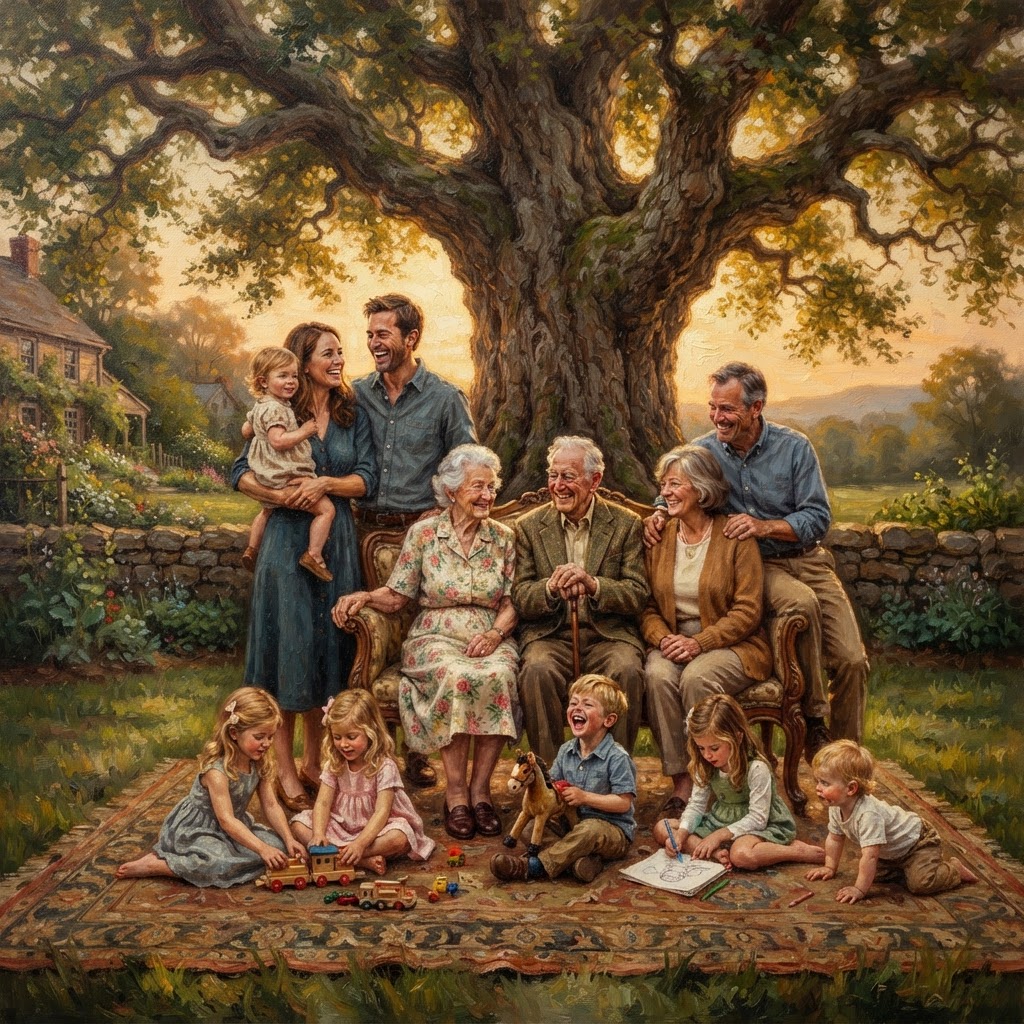 Oil painting of a family sitting under a large tree on a lawn rug with children playing.
