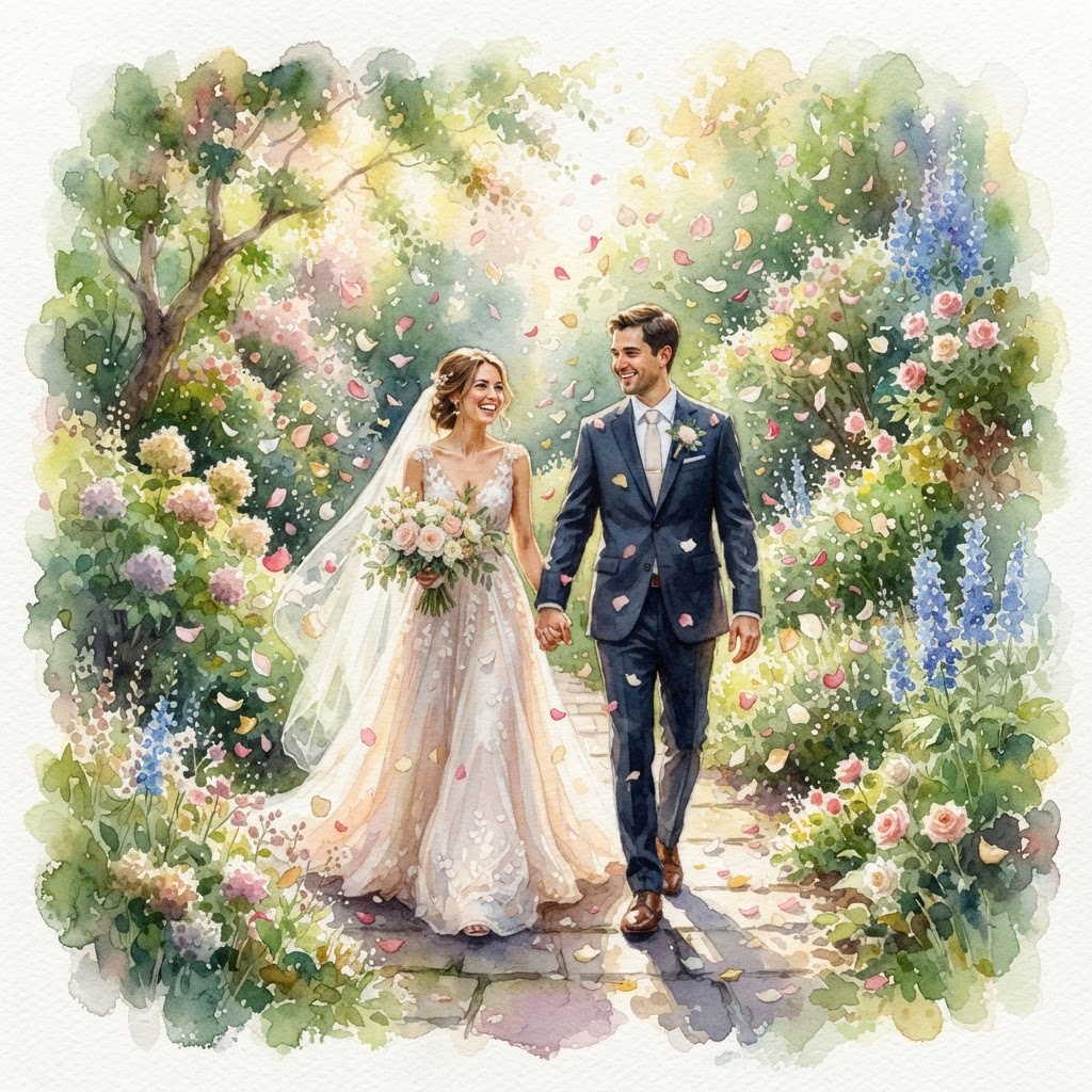 Watercolor painting of a bride and groom walking hand in hand along a garden path.