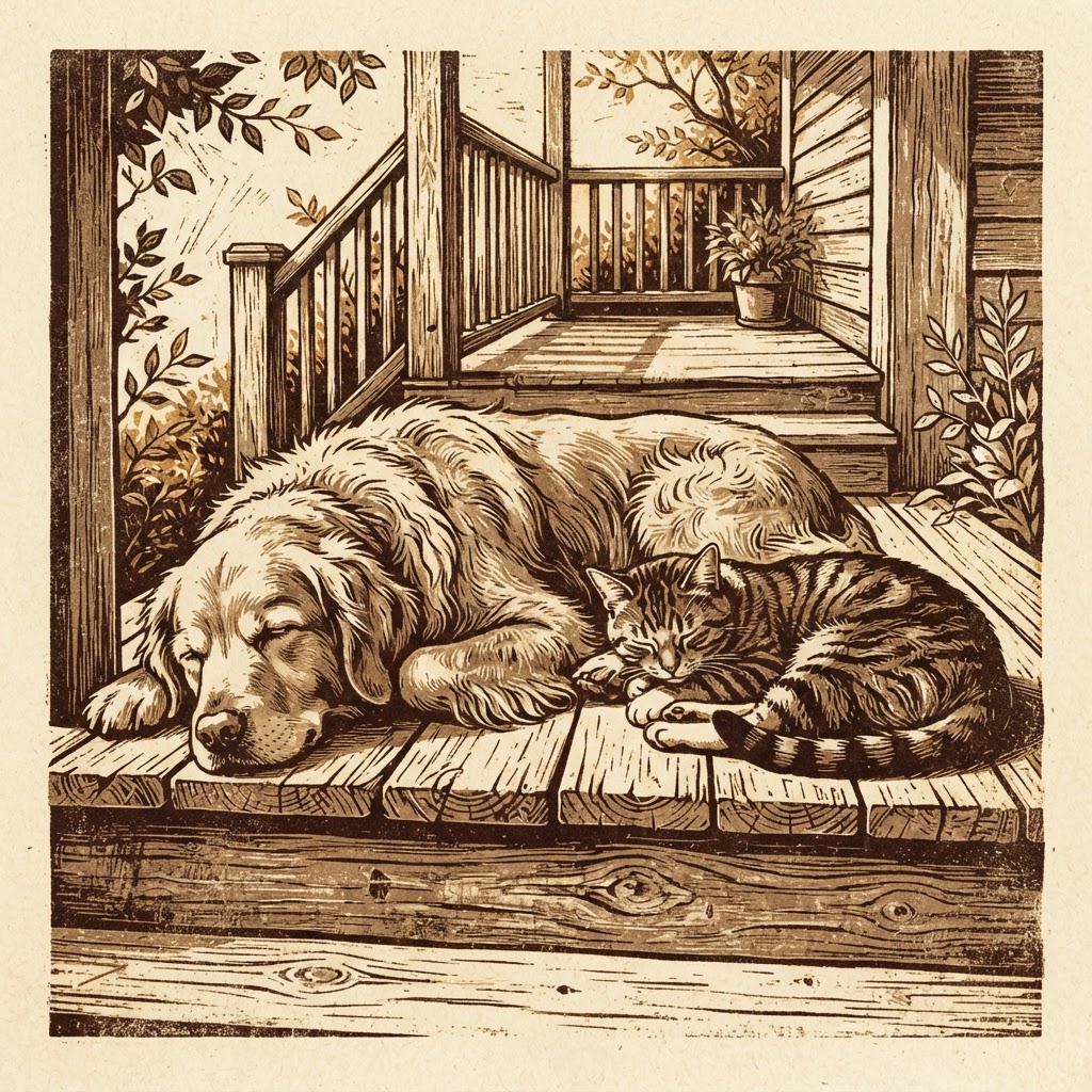 Linocut relief print of a golden retriever and a tabby cat sleeping together on a wooden porch.