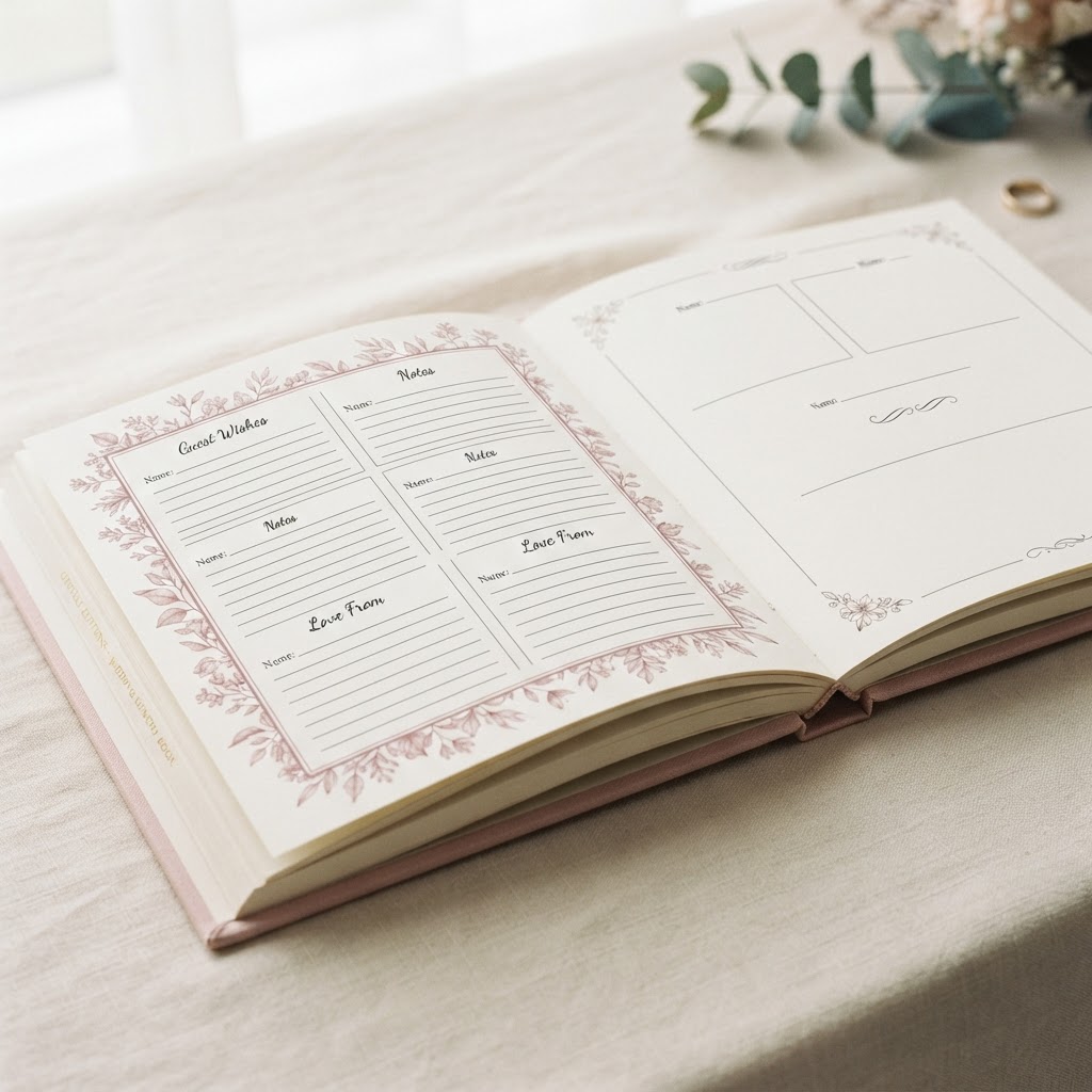 Open Orvelle wedding hardcover showing elegant guest message pages