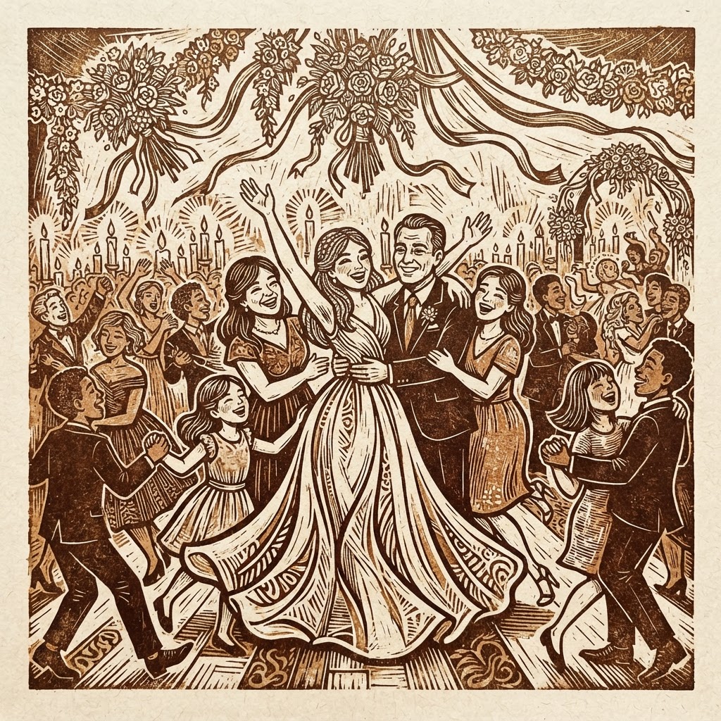 Linocut relief print of a person in a gown dancing with a partner in a room with guests and lit candles.