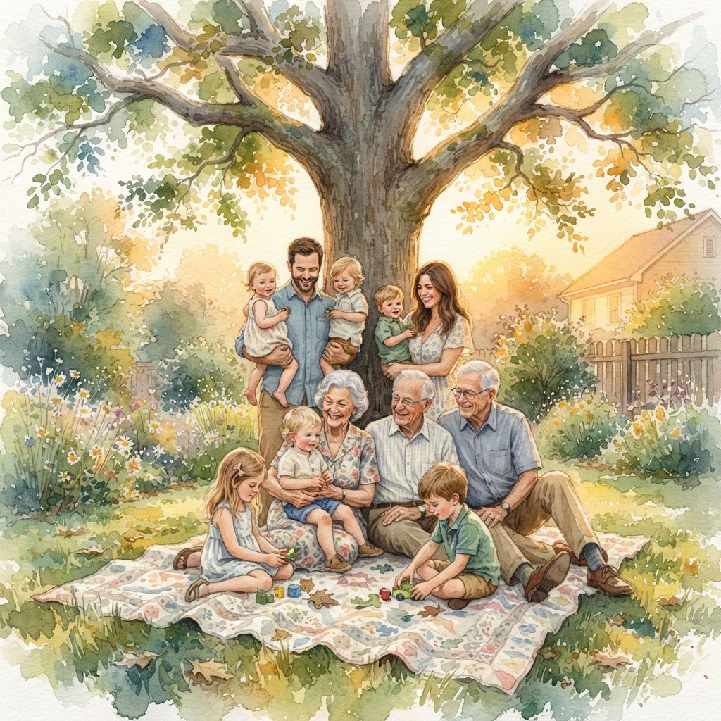 Watercolor painting of a family sitting under a large tree on a lawn rug with children playing.