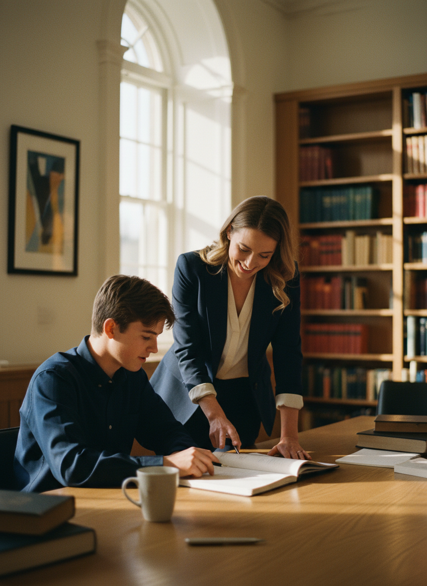 Mentor and student studying together in warm library lighting