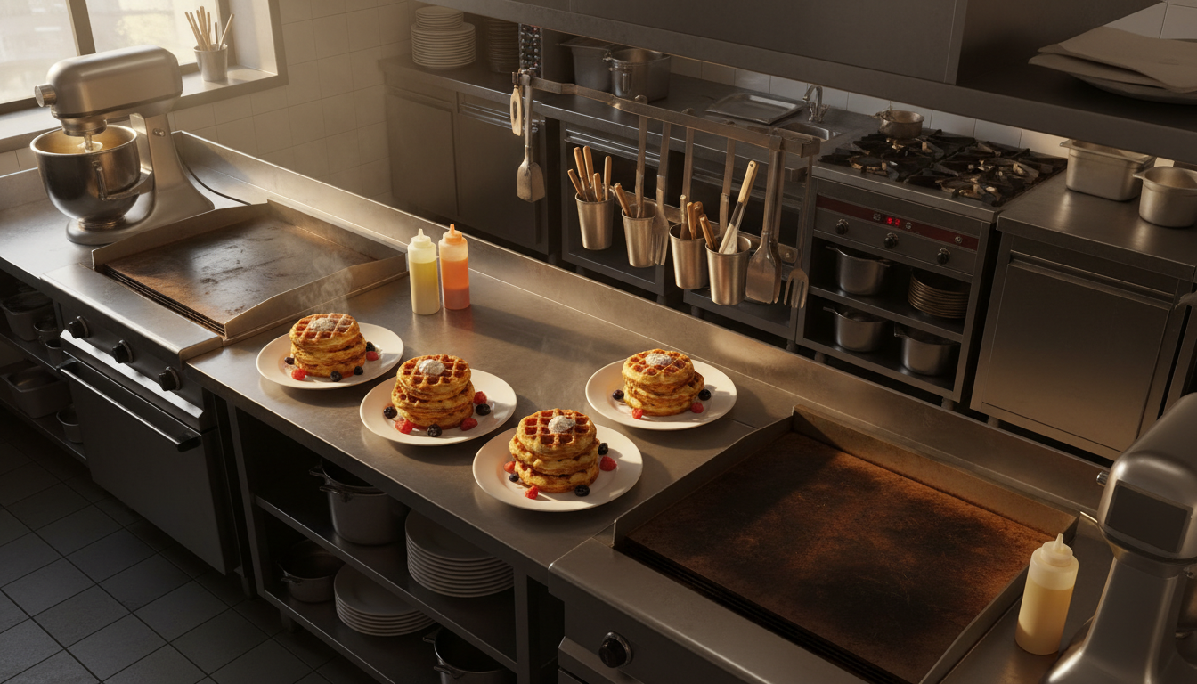 Professional cafe kitchen with golden waffles ready to serve