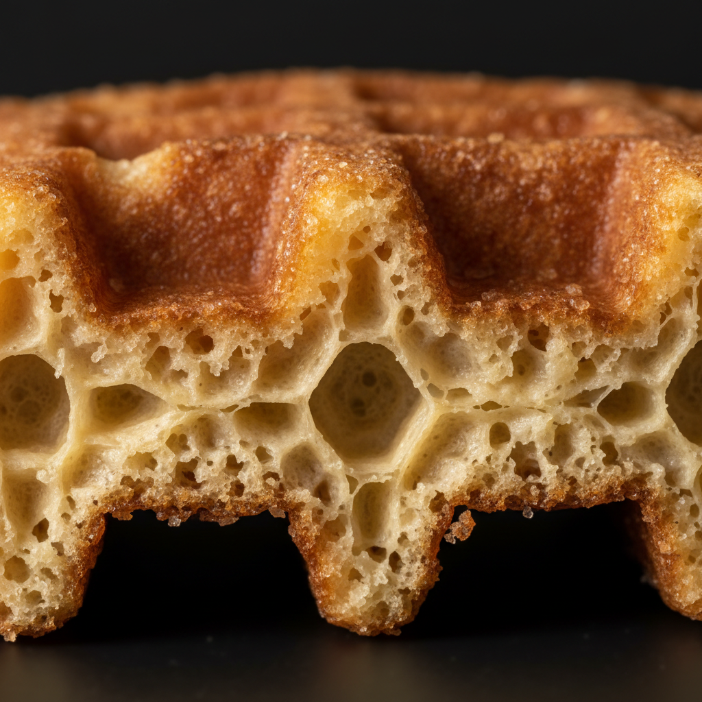 Cross-section of a perfectly cooked waffle showing air-light honeycomb interior