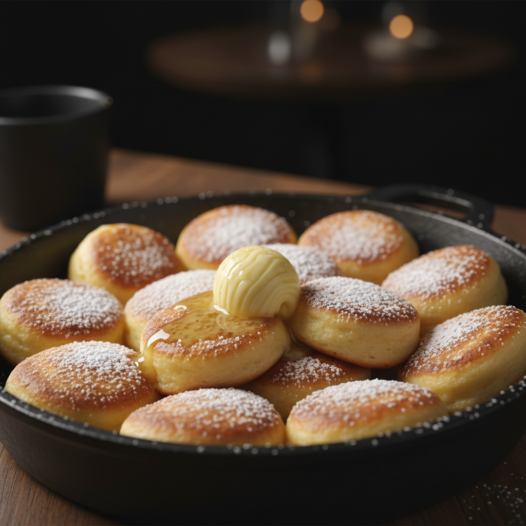 Dutch poffertjes mini pancakes with butter and powdered sugar