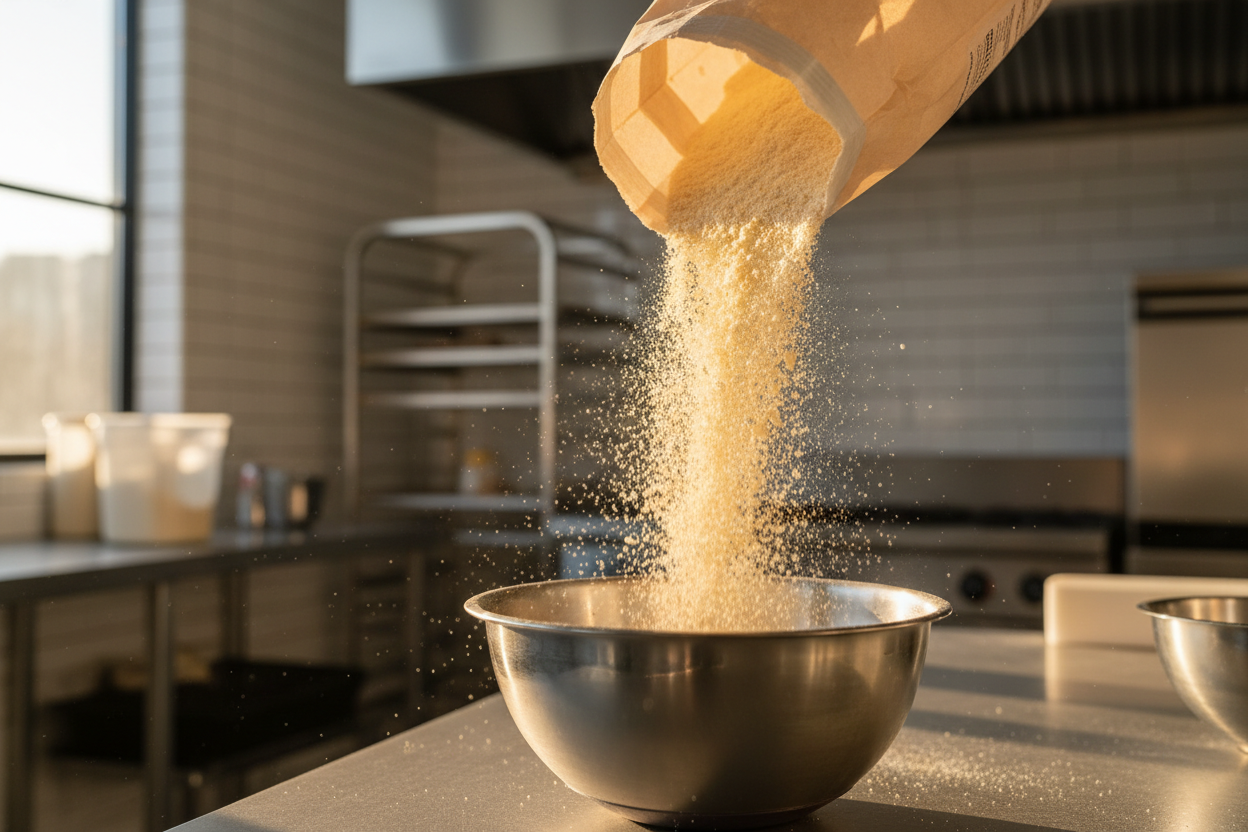 Premium waffle premix powder being poured into a stainless steel mixing bowl