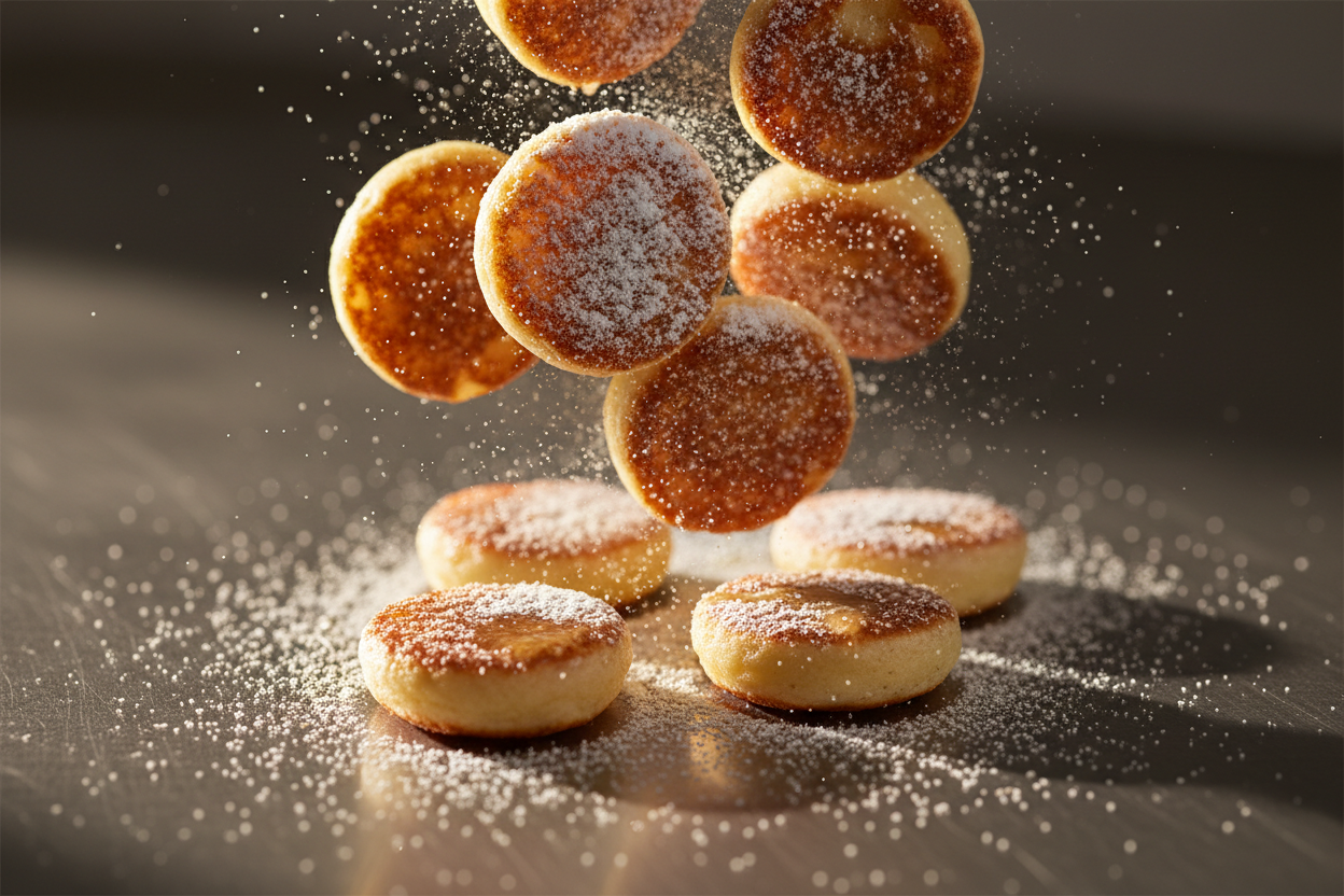 Fluffy Dutch poffertjes mini pancakes dusted with powdered sugar