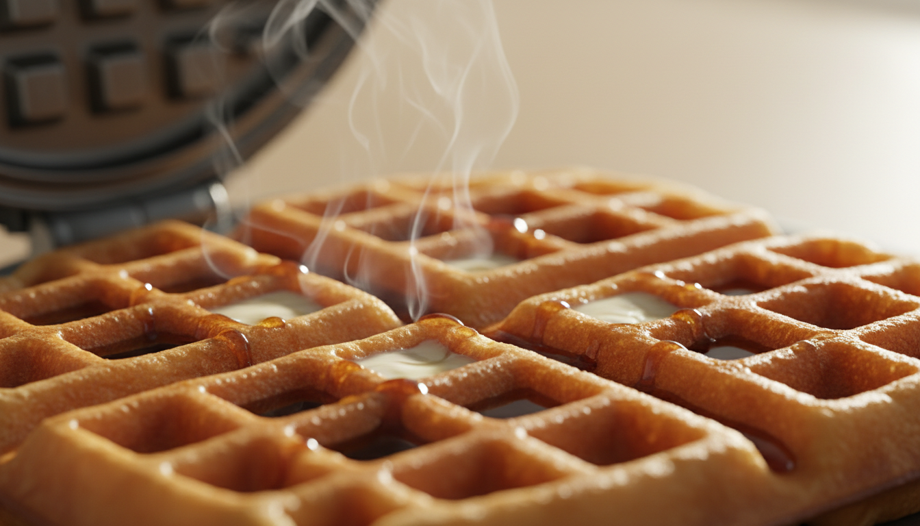 Golden Belgian waffle with crispy grid pattern