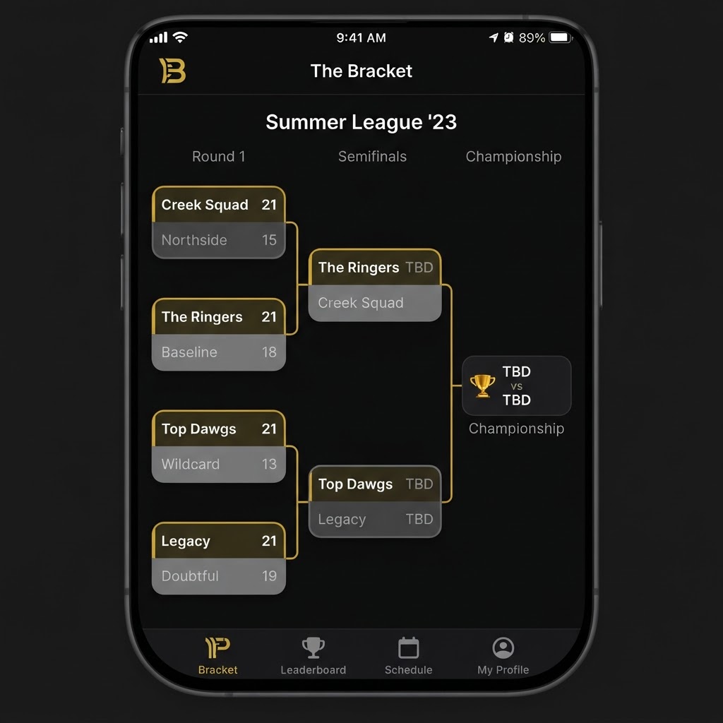 Contend tournament bracket with live scores and auto-advancing rounds