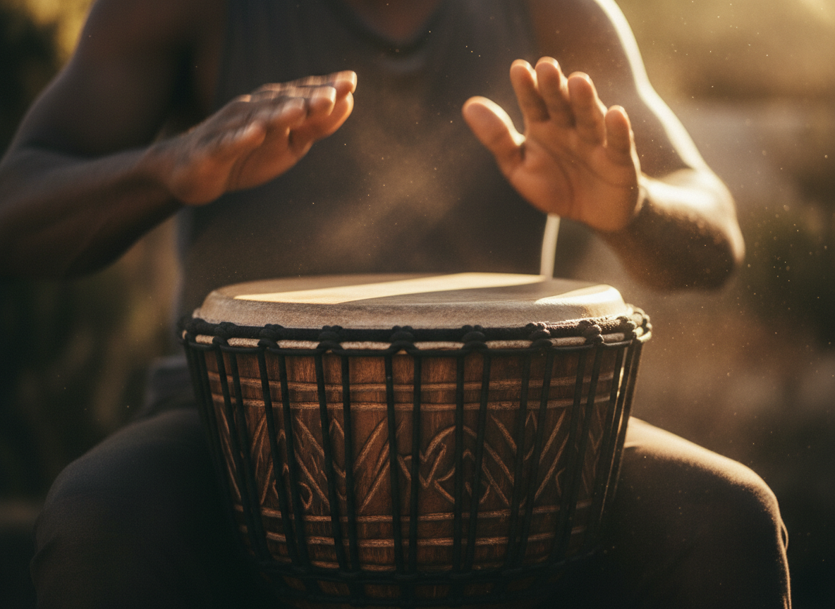 Hands playing African drums with golden light