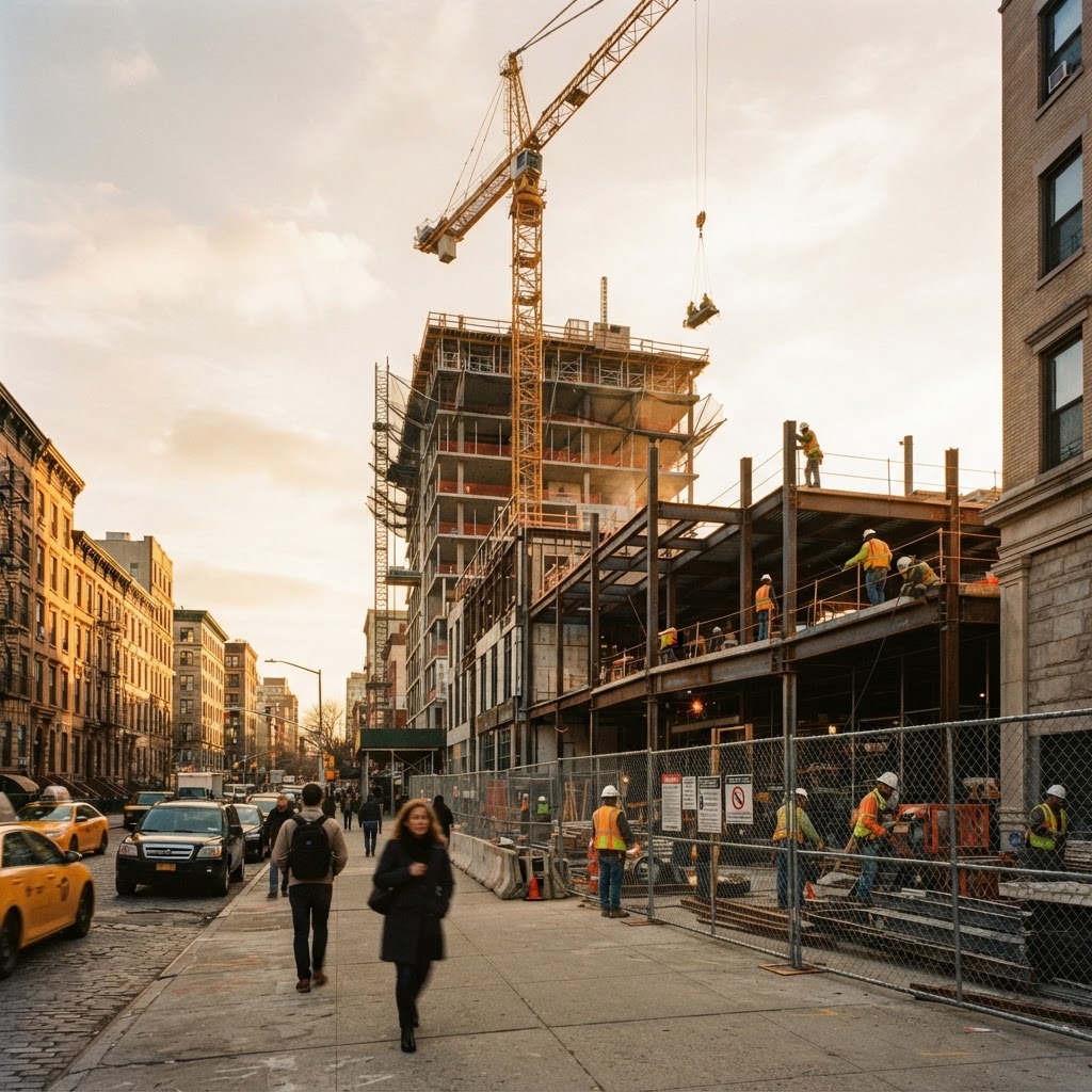 Street-level New York City construction site with a tower crane at golden hour