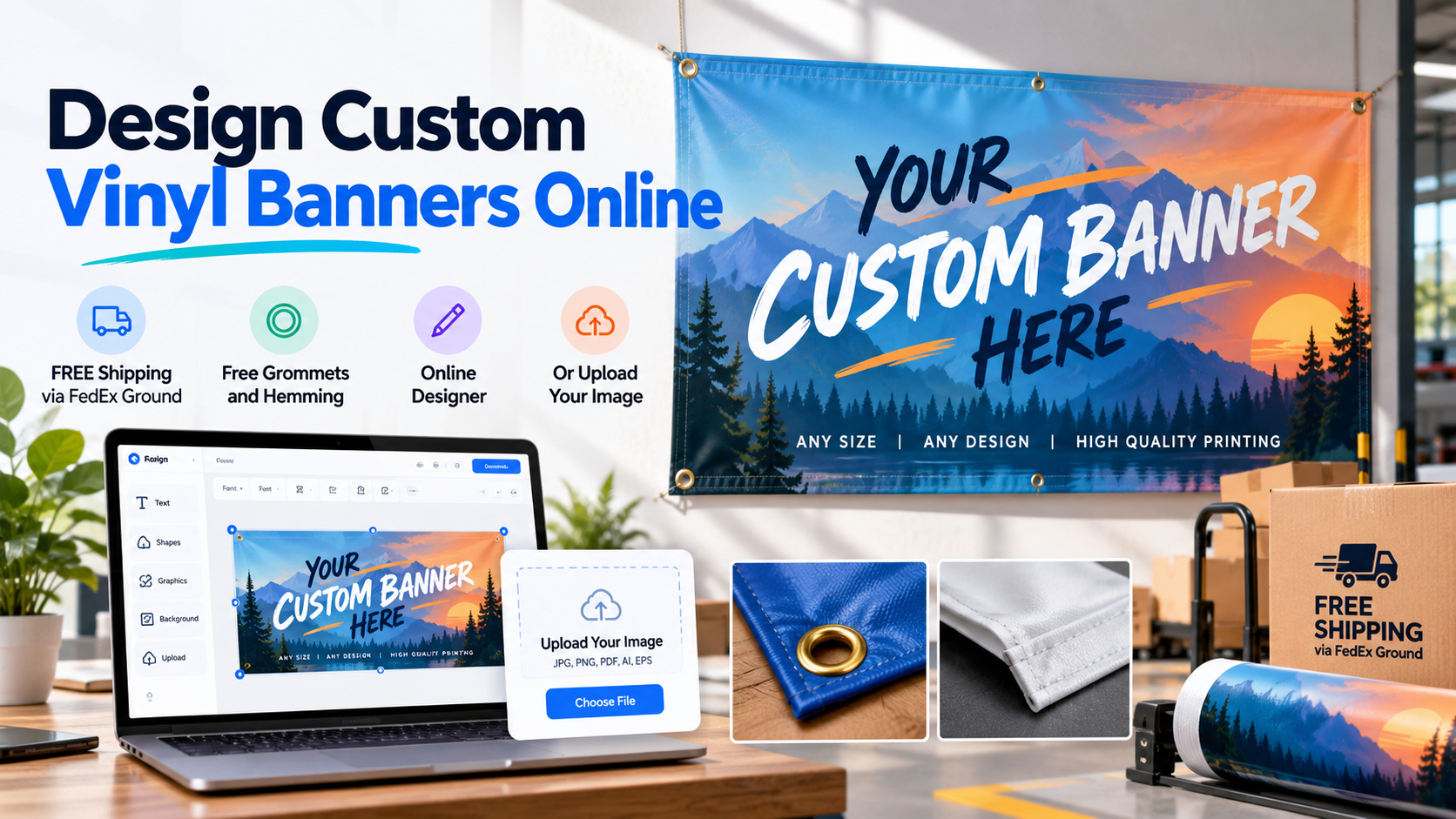 Design custom vinyl banners online with free FedEx Ground shipping, free grommets and hemming, online designer, and customer artwork upload