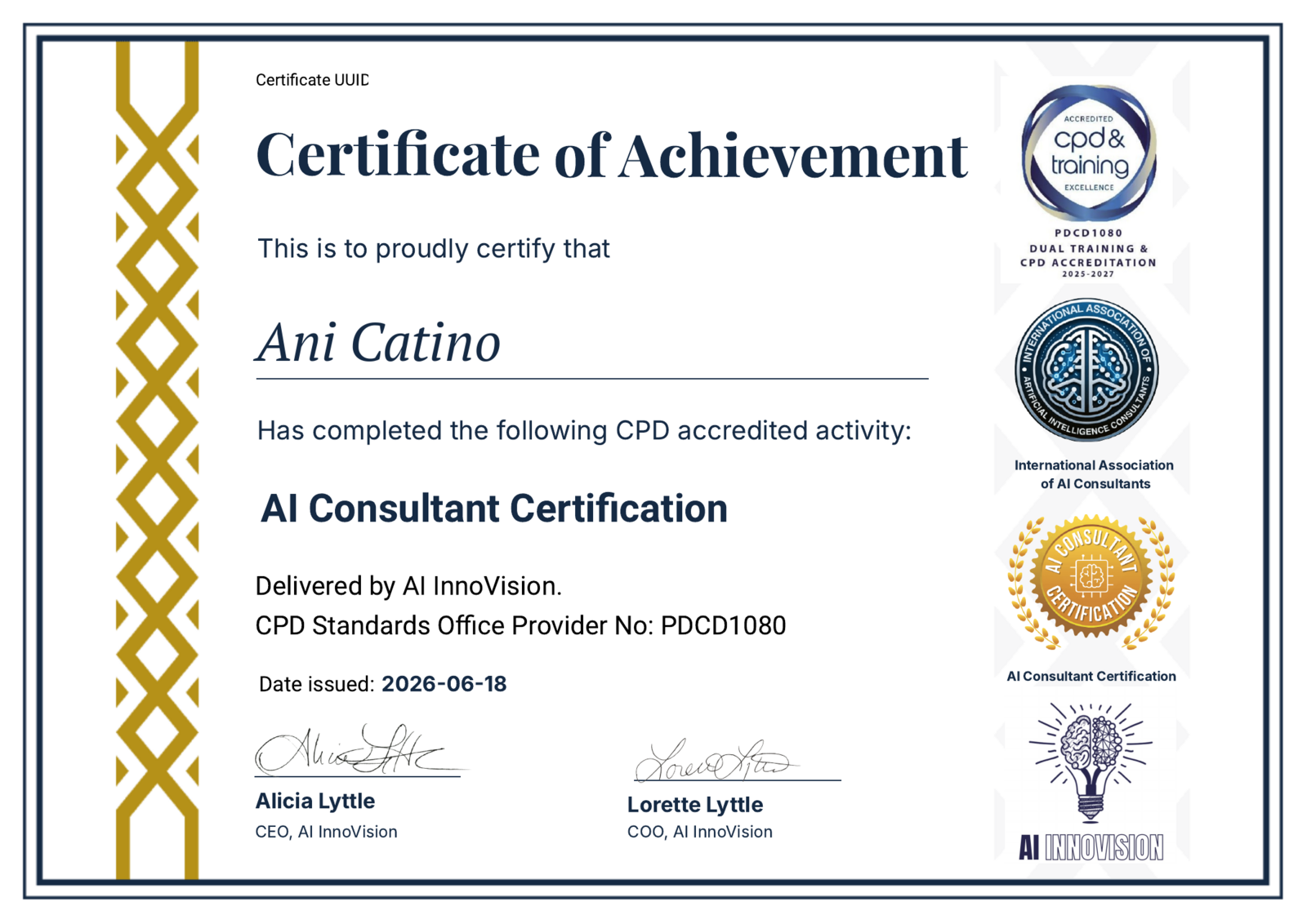AI Consultant Certification awarded to Ani Catino and delivered by AI InnoVision.