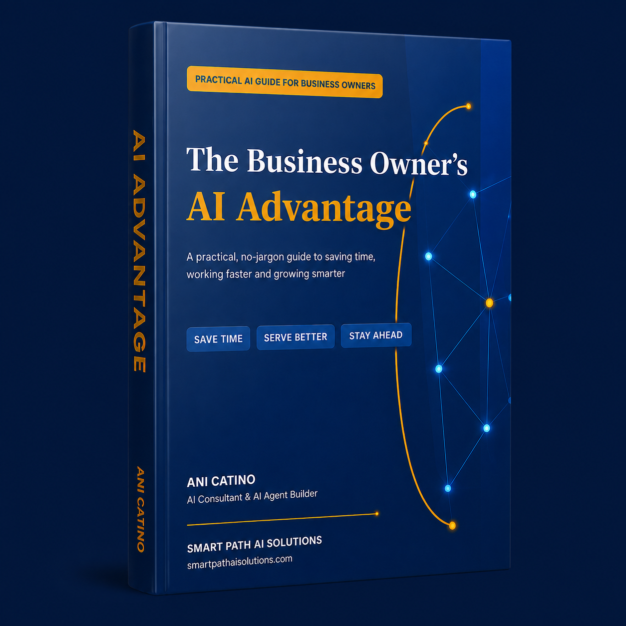 The Business Owner's AI Advantage ebook — 3D cover, spine and presentation platform