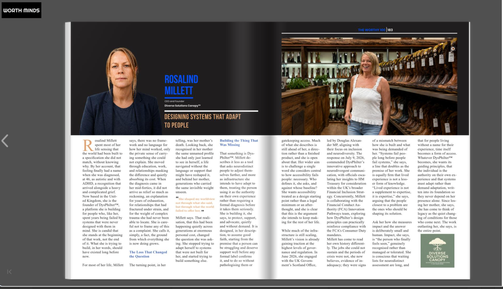 WorthMinds Magazine feature spread — Designing systems that adapt to people