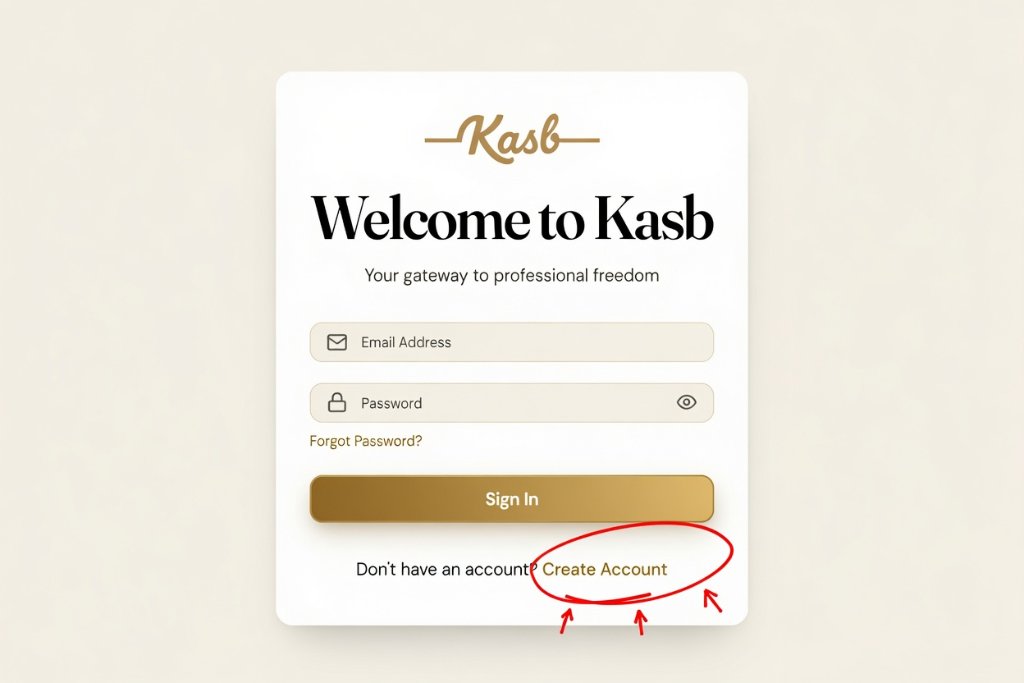 Welcome to Kasb sign-in — tap Create Account