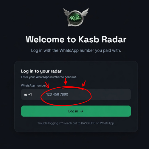Kasb Radar login screen with WhatsApp number field