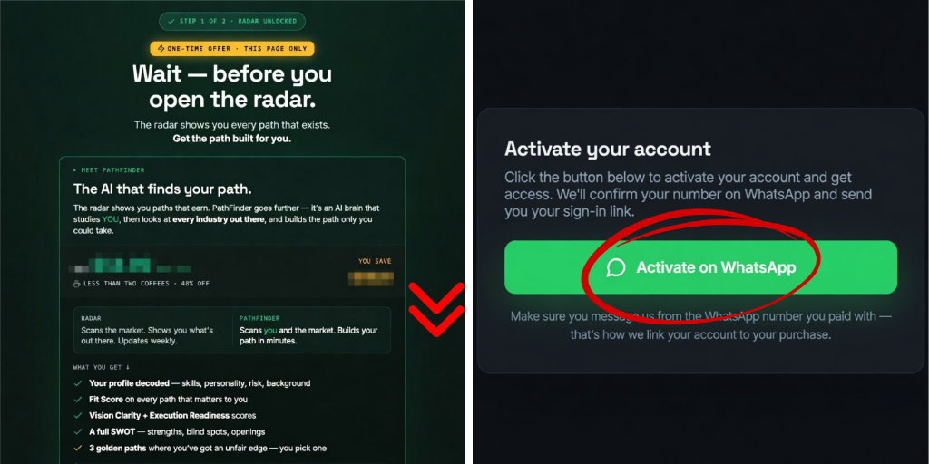 Thank-you page with Activate on WhatsApp button