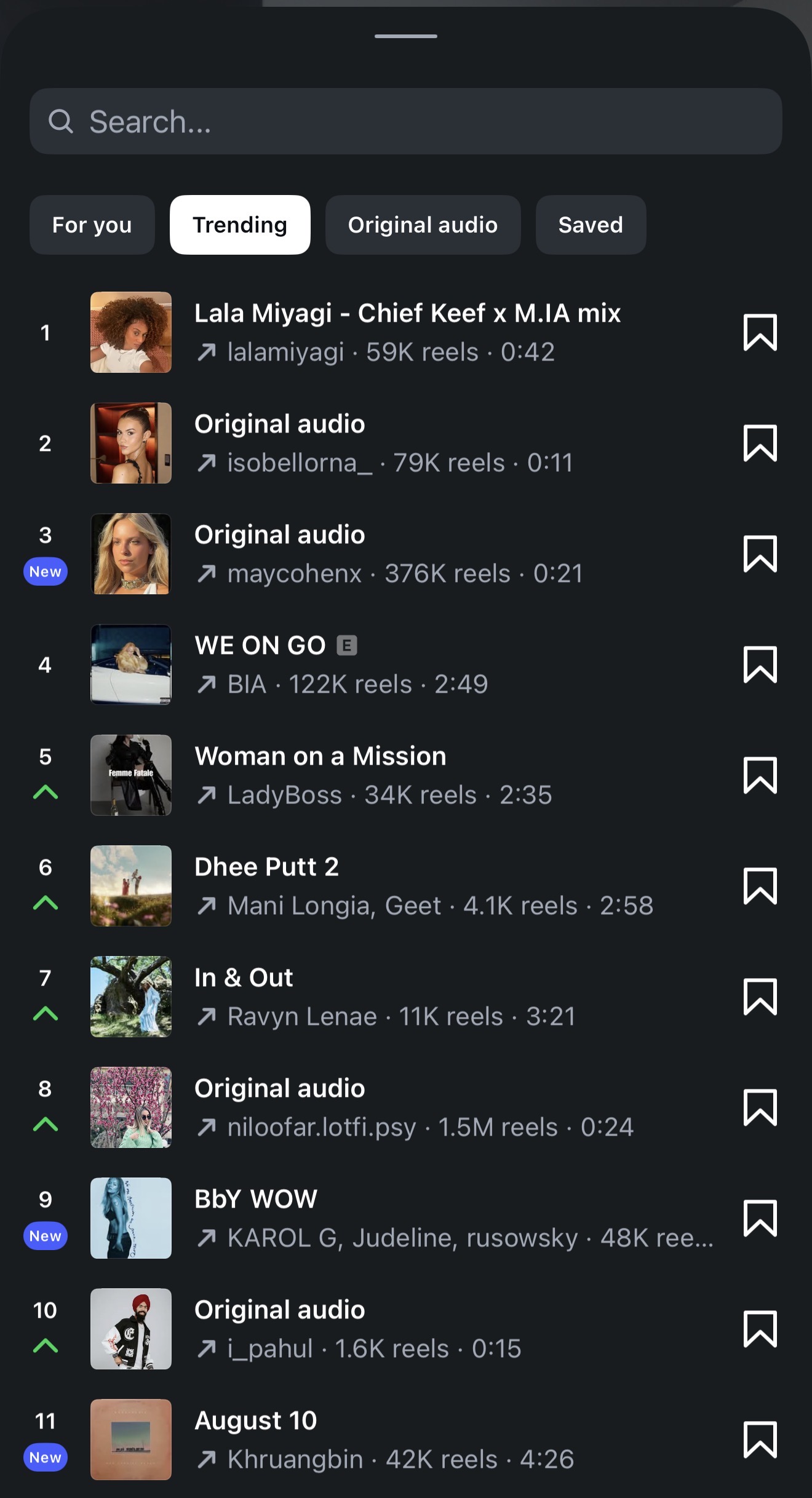 Instagram trending music list — pick a trending track (green up-arrow) so Instagram pushes your Story to more people