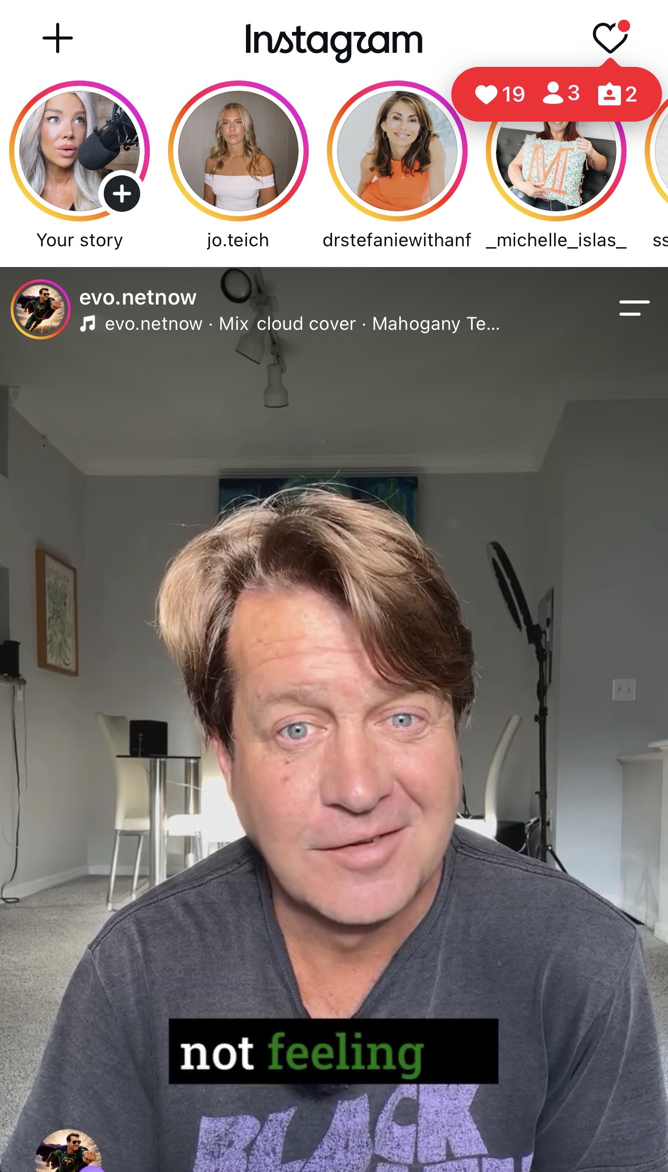 Instagram home screen with the + button circled to start a new Story