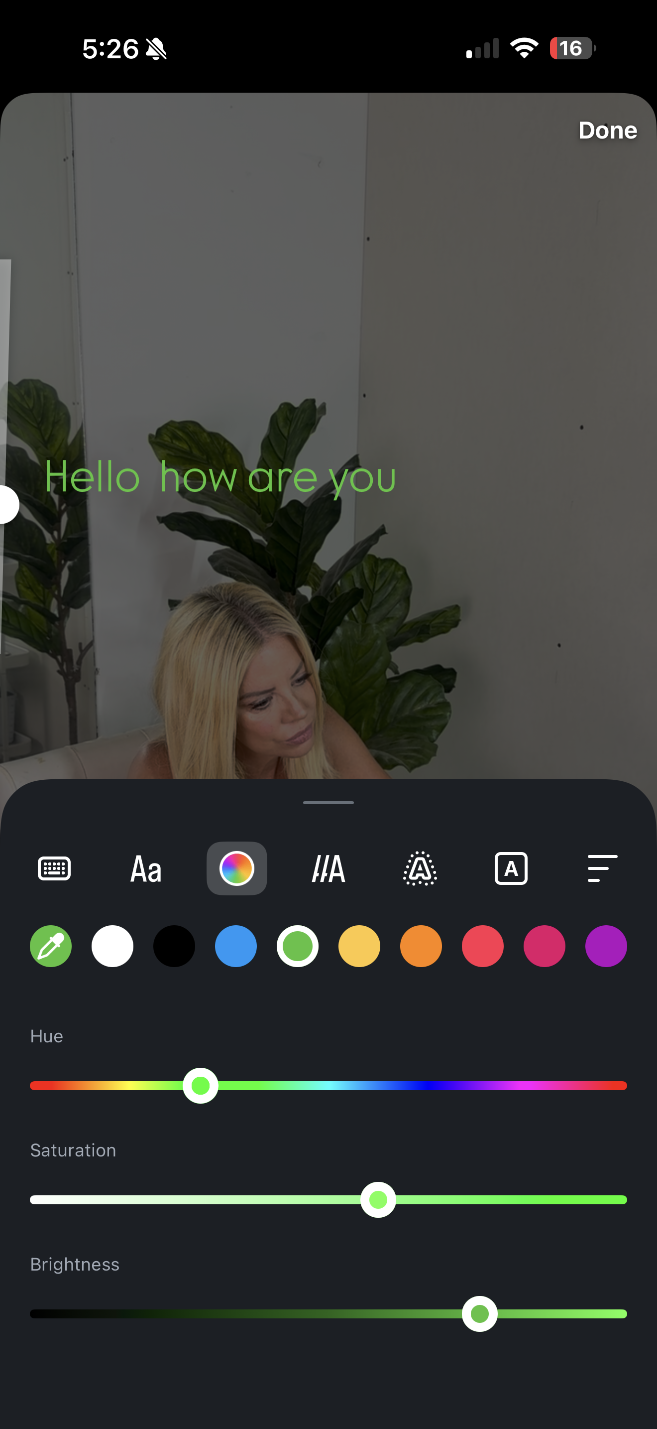 Instagram text color menu — tap a dot for a quick color, or use the sliders for a custom shade