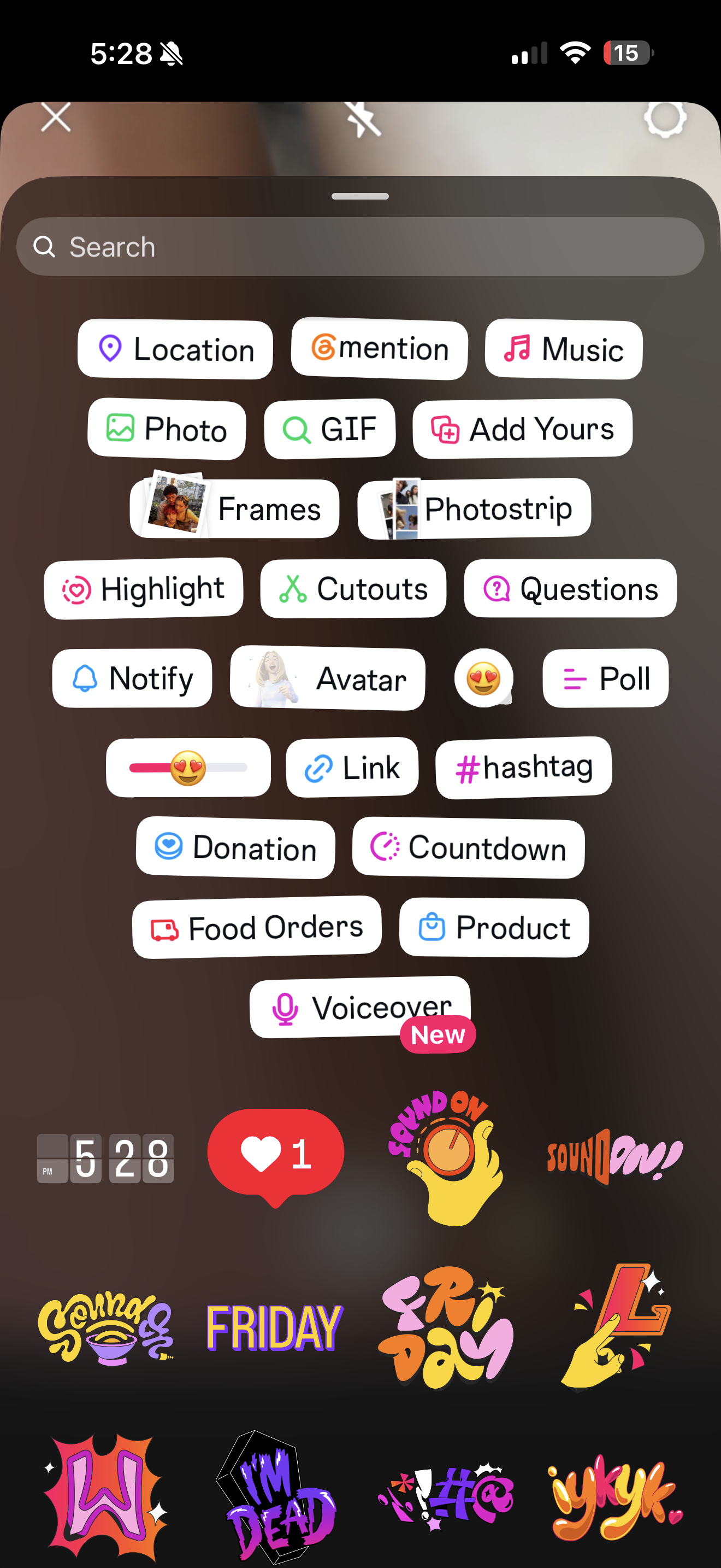 Instagram sticker drawer — Link, Music and emoji stickers are the only ones you really need