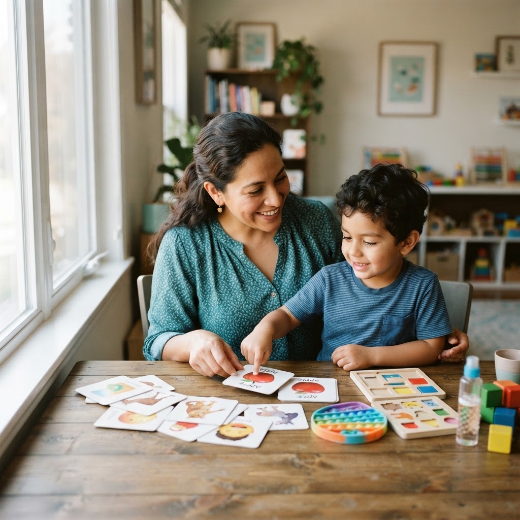 A therapist working with a child at home