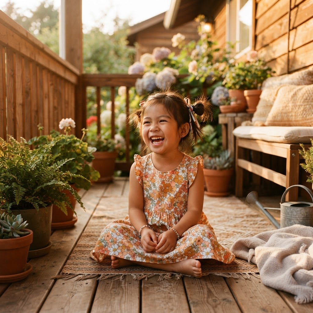 A smiling child on a sunny porch