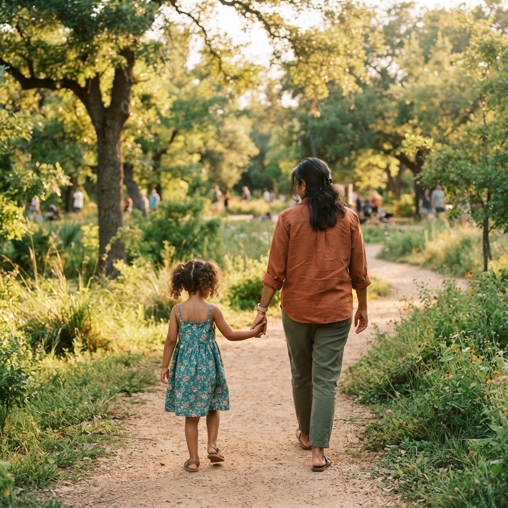 An adult and child walking together outdoors