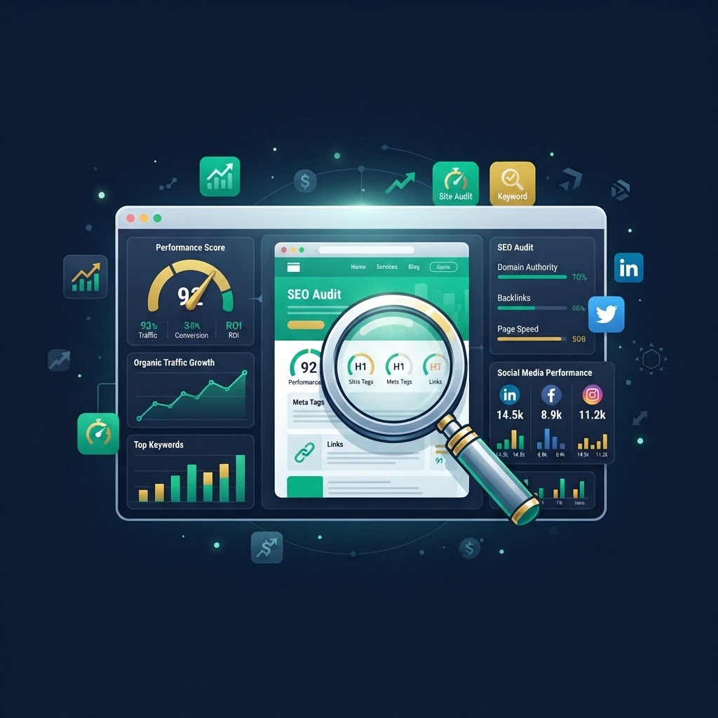 Digital marketing audit dashboard illustration with website, SEO, and social media analysis