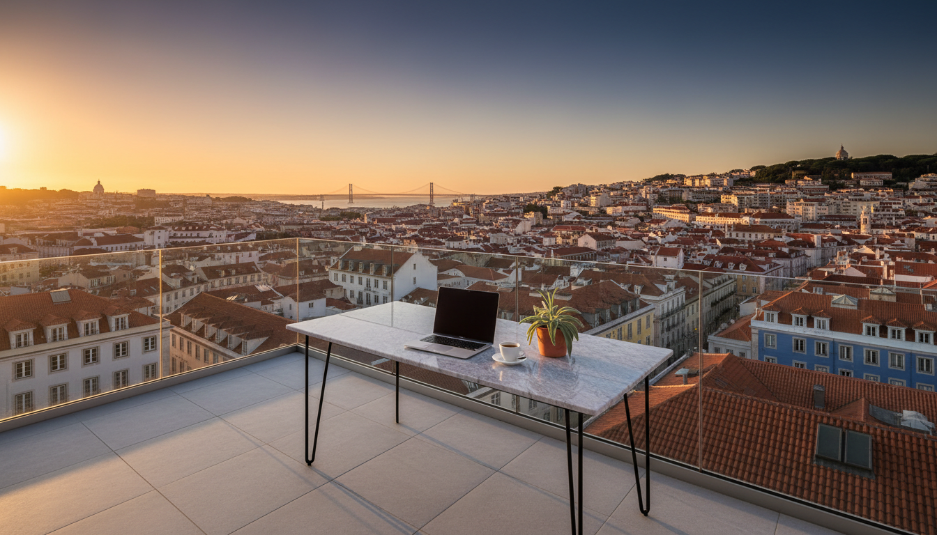 European balcony overlooking Lisbon at golden hour