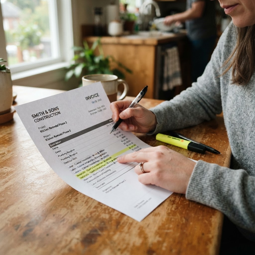 Homeowner reviewing a printed contractor invoice with a highlighter