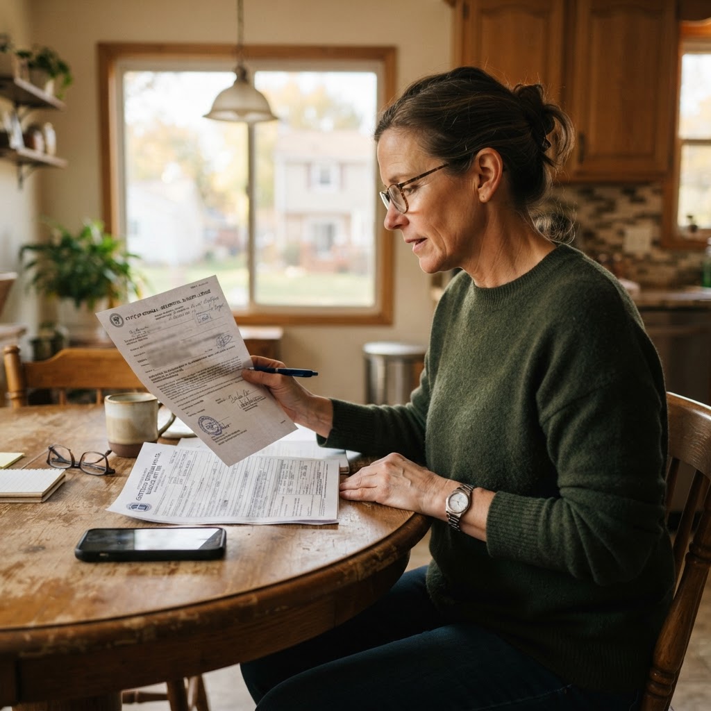 Homeowner reviewing a contractor license and insurance certificate at a kitchen table