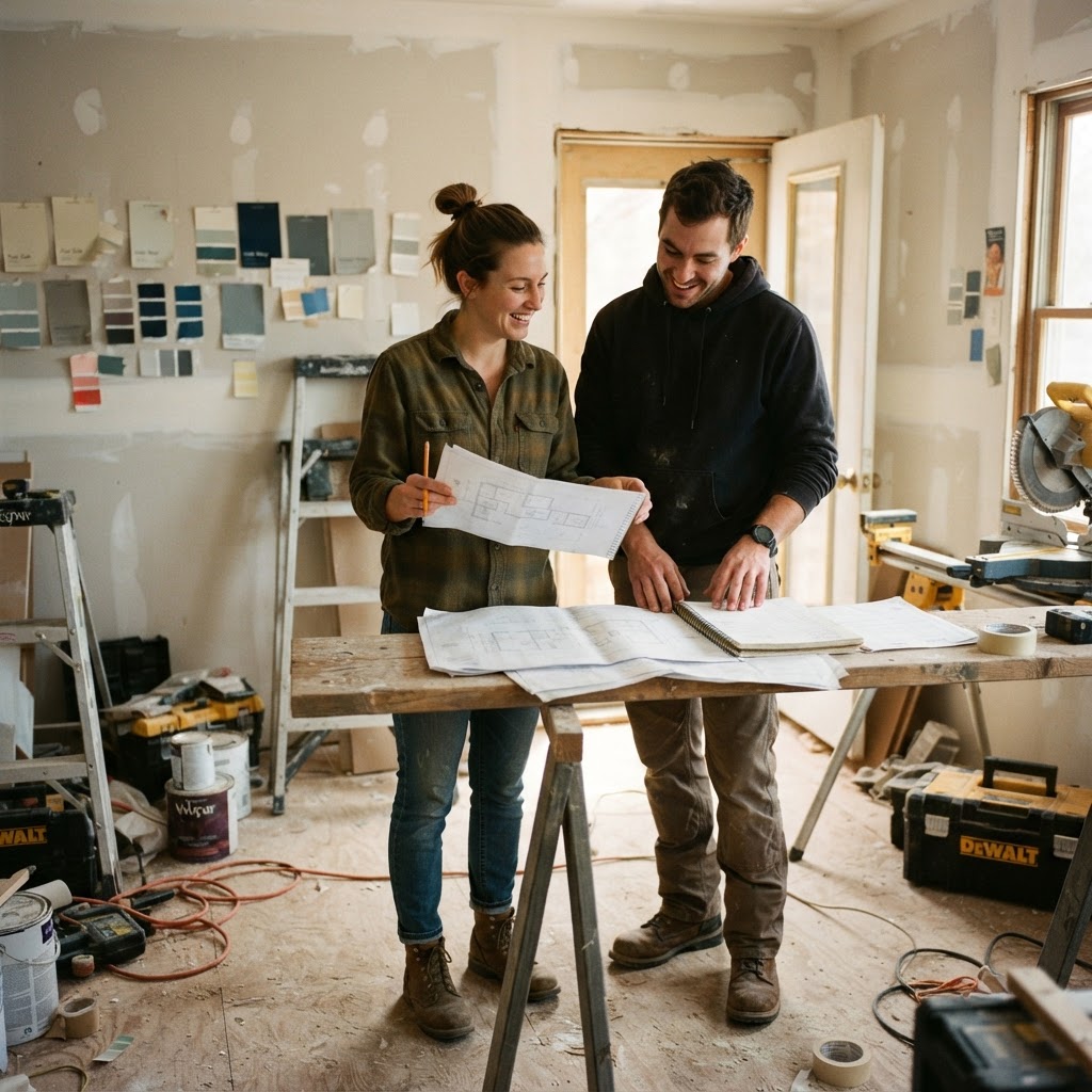 First-time homeowner couple reviewing renovation plans in a home being renovated