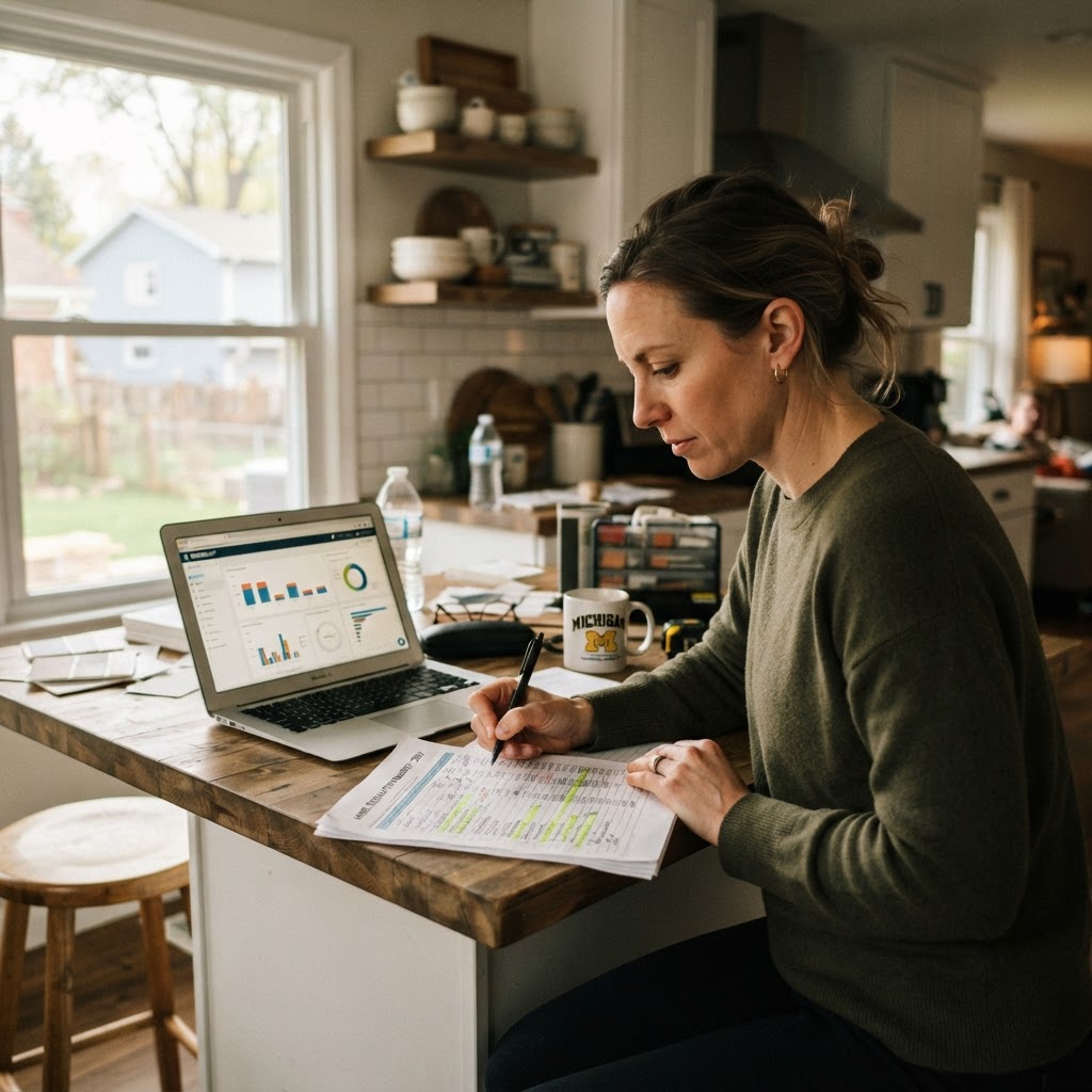 Homeowner reviewing a renovation budget spreadsheet at a kitchen island