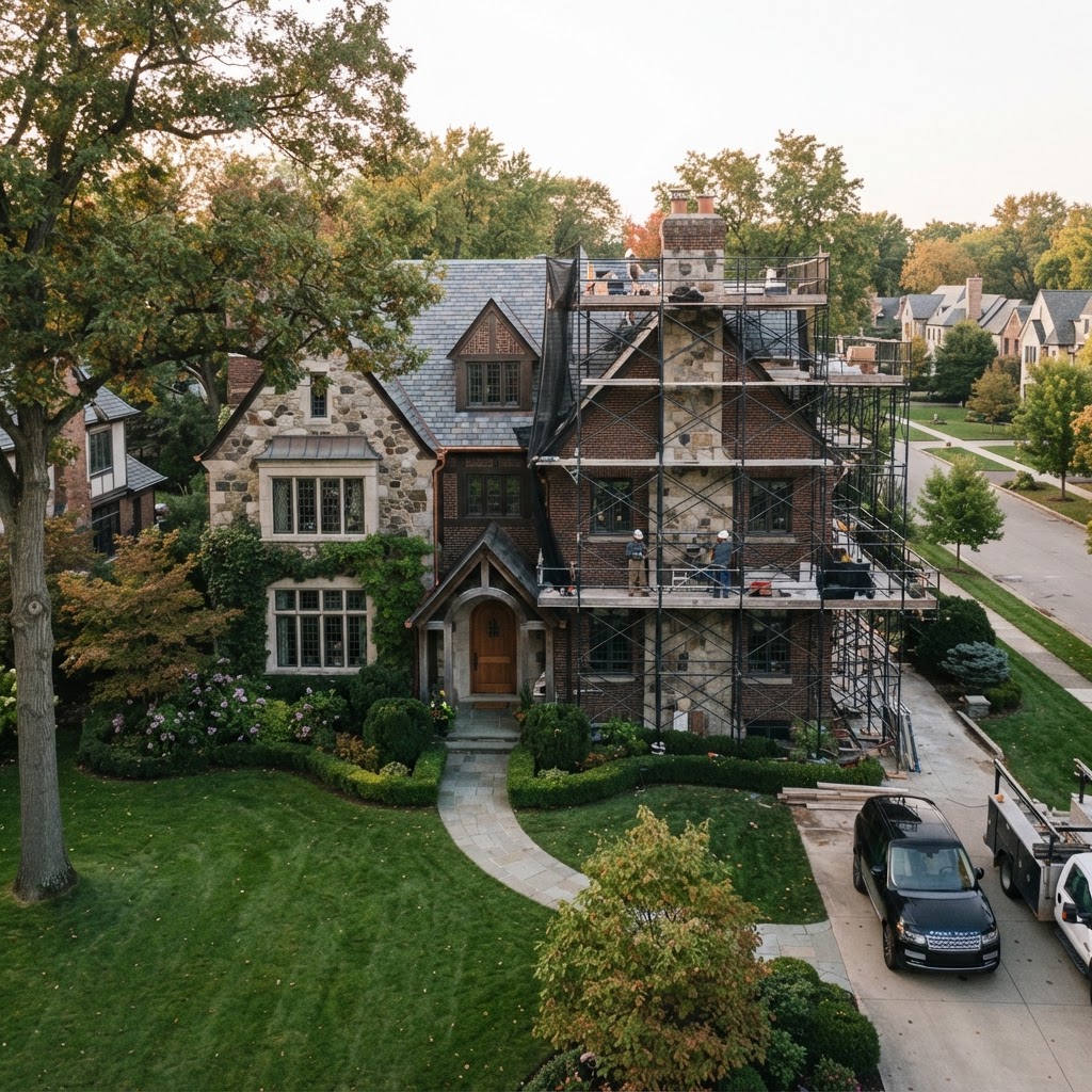 Upscale Birmingham Michigan luxury home with renovation scaffolding